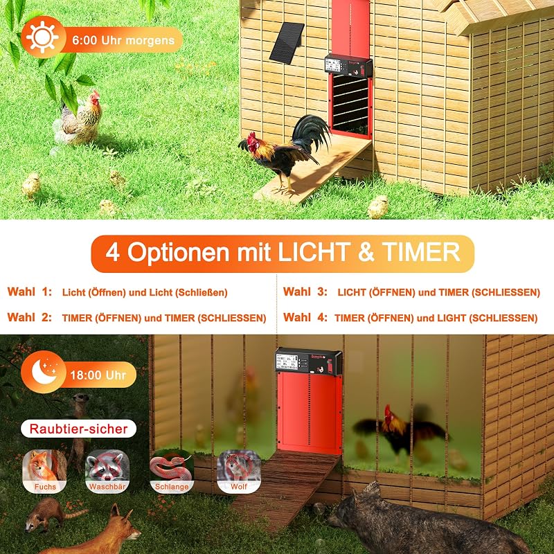 ZenxyHoC Automata Csirkecoop Ajtó Napelemes Távirányítóval 4 Módú LCD Kijelzővel