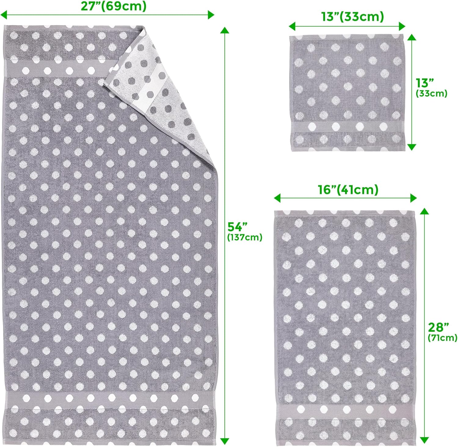 Beachland Polka Dot Bath Towel Set - Reversible Terry Cloth- Soft Cotton - Super Absorbent and Fast Drying Towels - Fade Resistant - Eco-Friendly (Grey, 8 Pack)