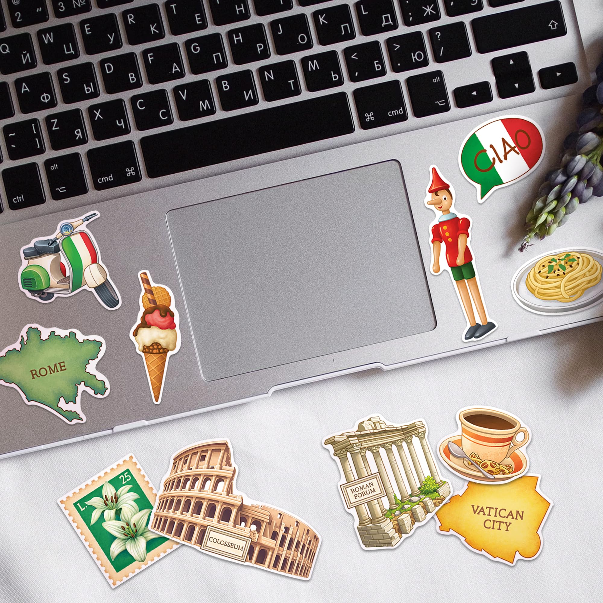 Navy Peony Historical Rome Travel Stickers (28pcs) - Gouache Style, Waterproof, Italy Roman Vatican-Themed Vacation Decals for Scrapbooks, Waterbottle - Image 5