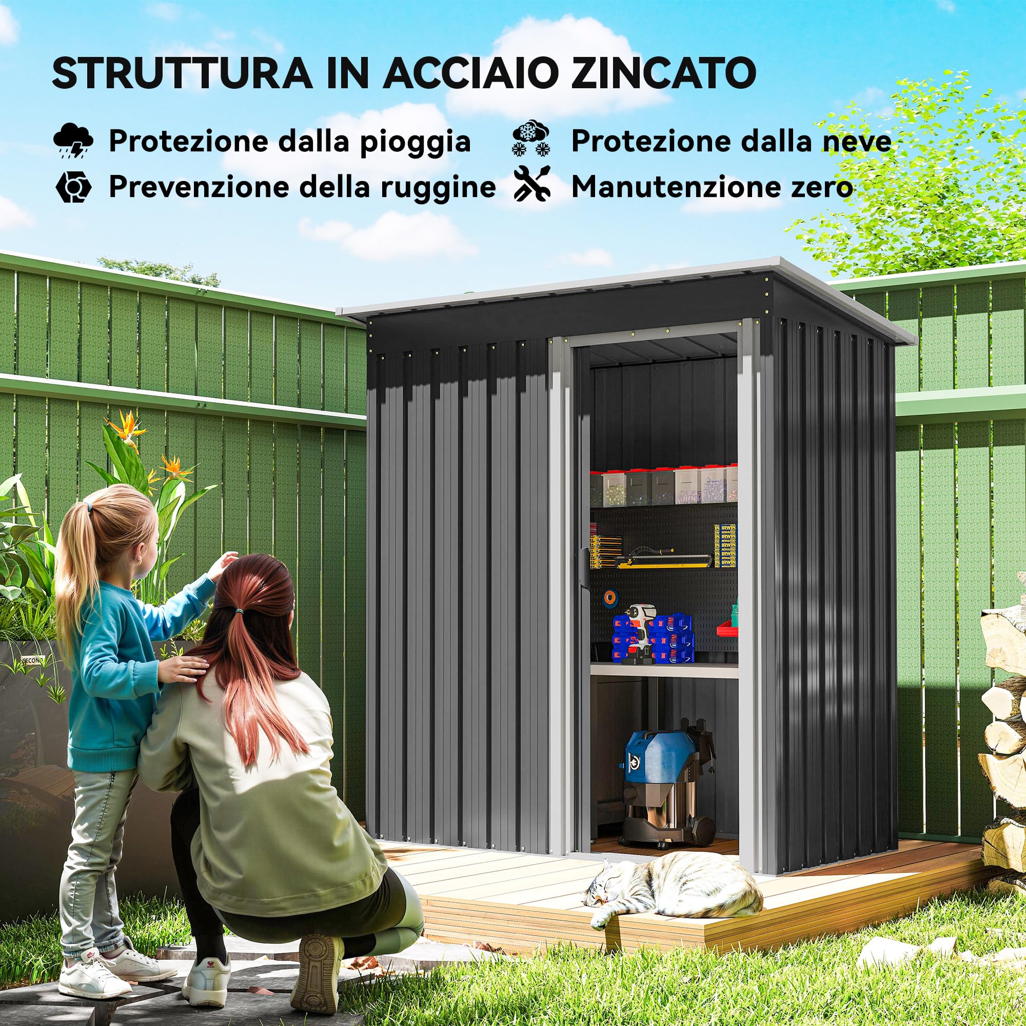 Outsunny Casetta da Giardino Porta Utensili in Lamiera di Acciaio, 163x89x182cm, Nero