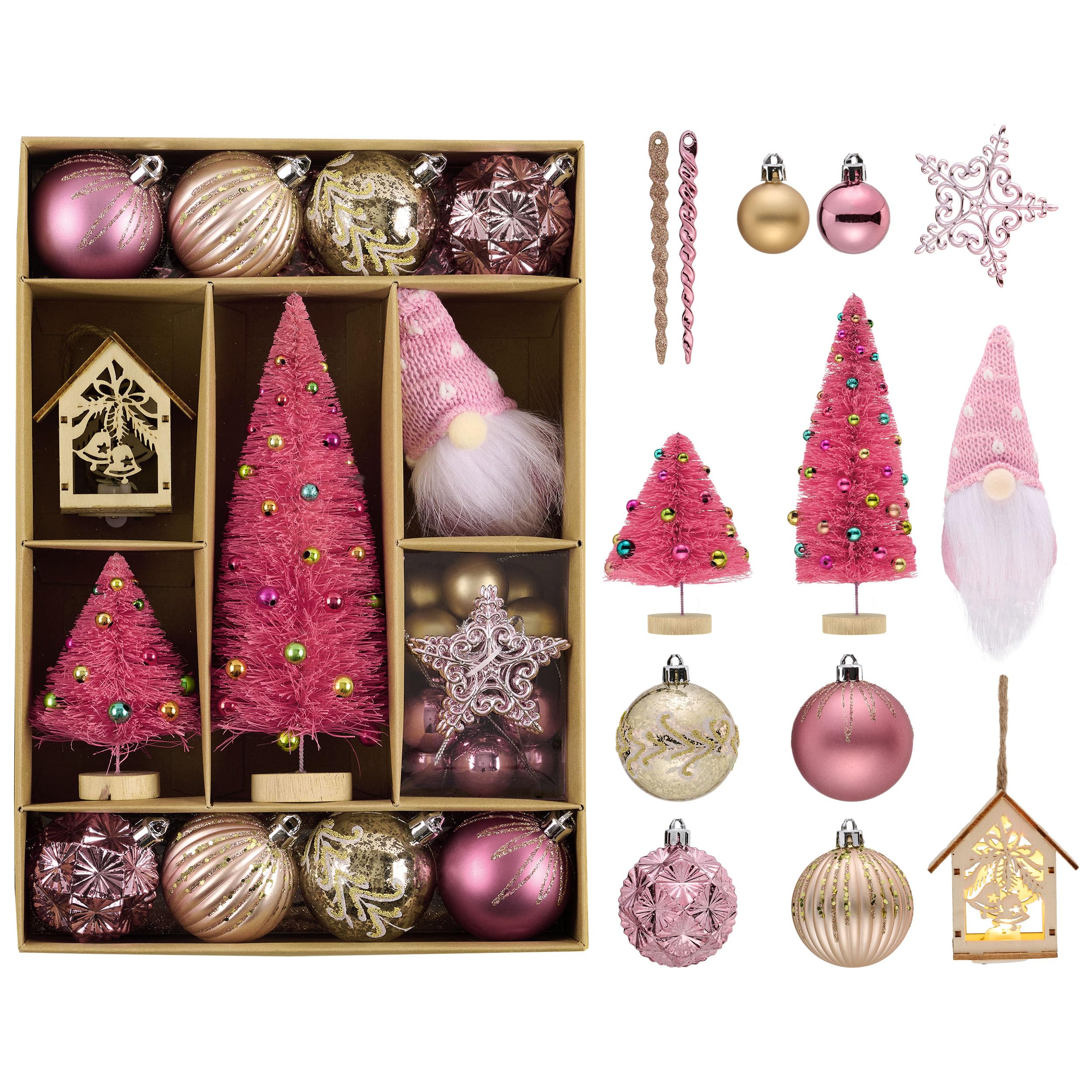 DecorbyHannah 70ct Christmas Ornaments Set, Shatterproof Decorative Pink Gold Christmas Tree Decorations with Small Xmas Tree, Gnome and Wooden Lighted Bird House for Home Party Halloween Decor