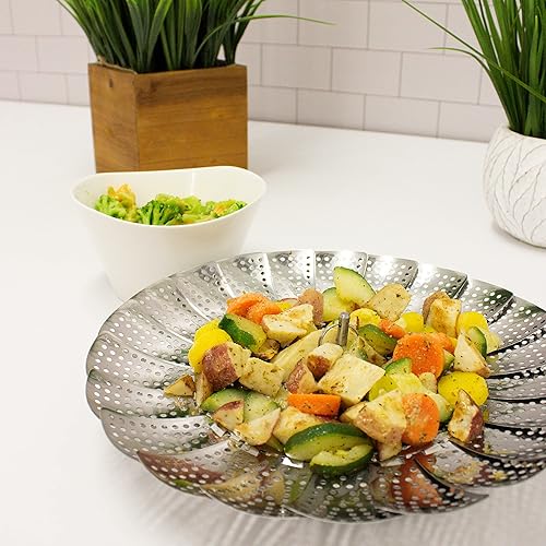 Miniatura 9 de BergHOFF Cesta de vapor de 7 a 11 pulgadas, acero inoxidable 18/8, plegable y expandible, se adapta a la mayoría de ollas y sartenes, acabado