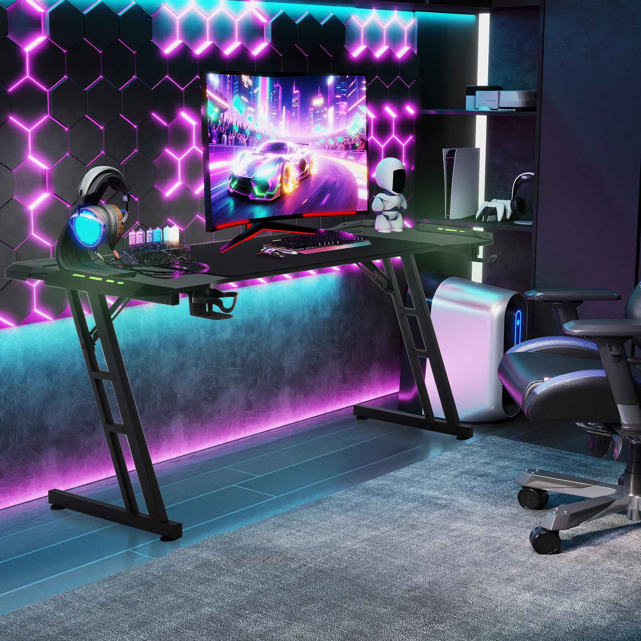 YUENFONG Tavolo da Gaming 140 x 60 cm, Scrivania per PC con Superficie in Fibra di Carbonio, Tavolo da Computer incluso Gancio per Cuffie e Portabicchieri, Nero con LED