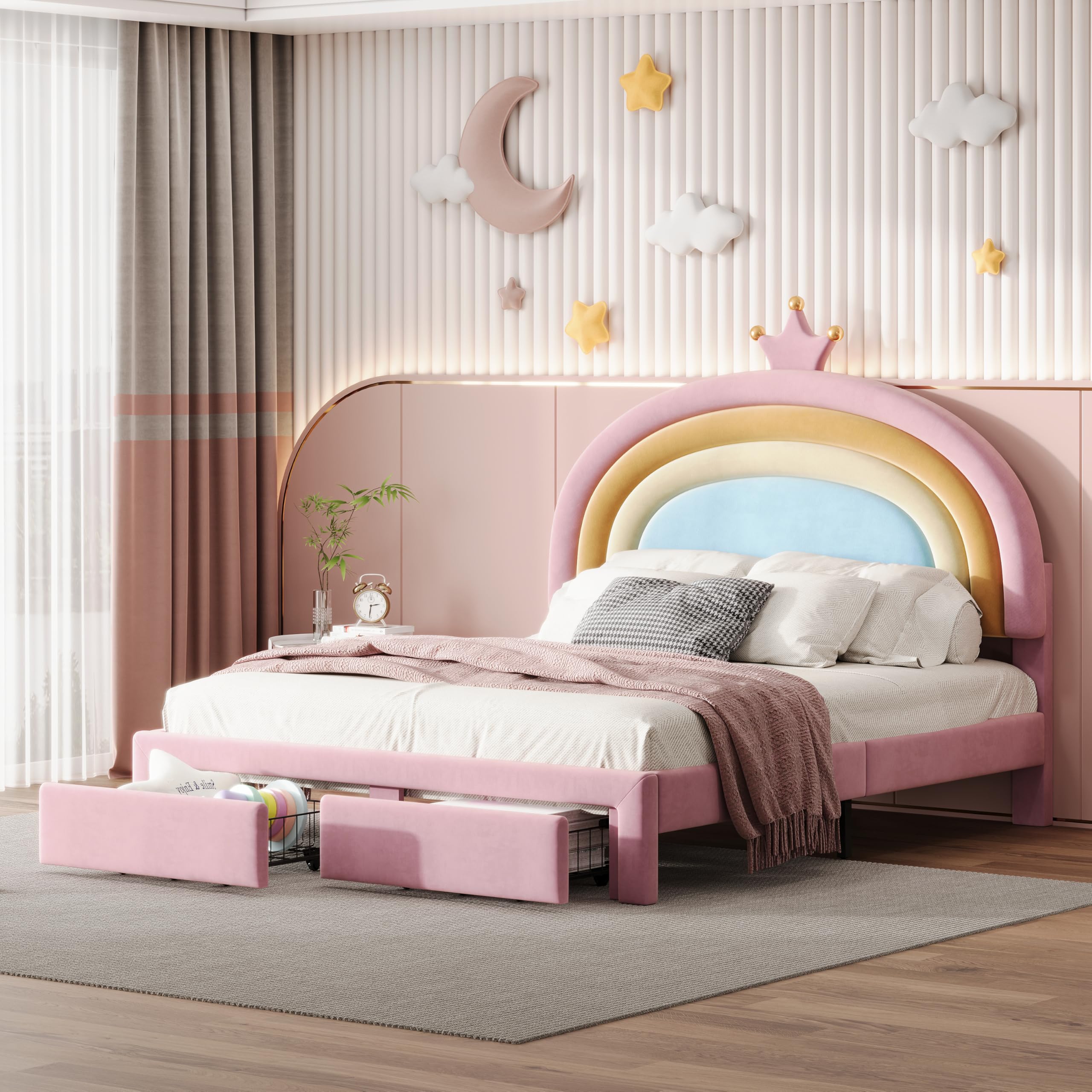 ROISDIYI Full Size Upholstered Rainbow Design Bed for Kids, Velvet Princess Platform Bed with Storage Drawer, No Box-Spring Needed,Colorful&Pink (Full)