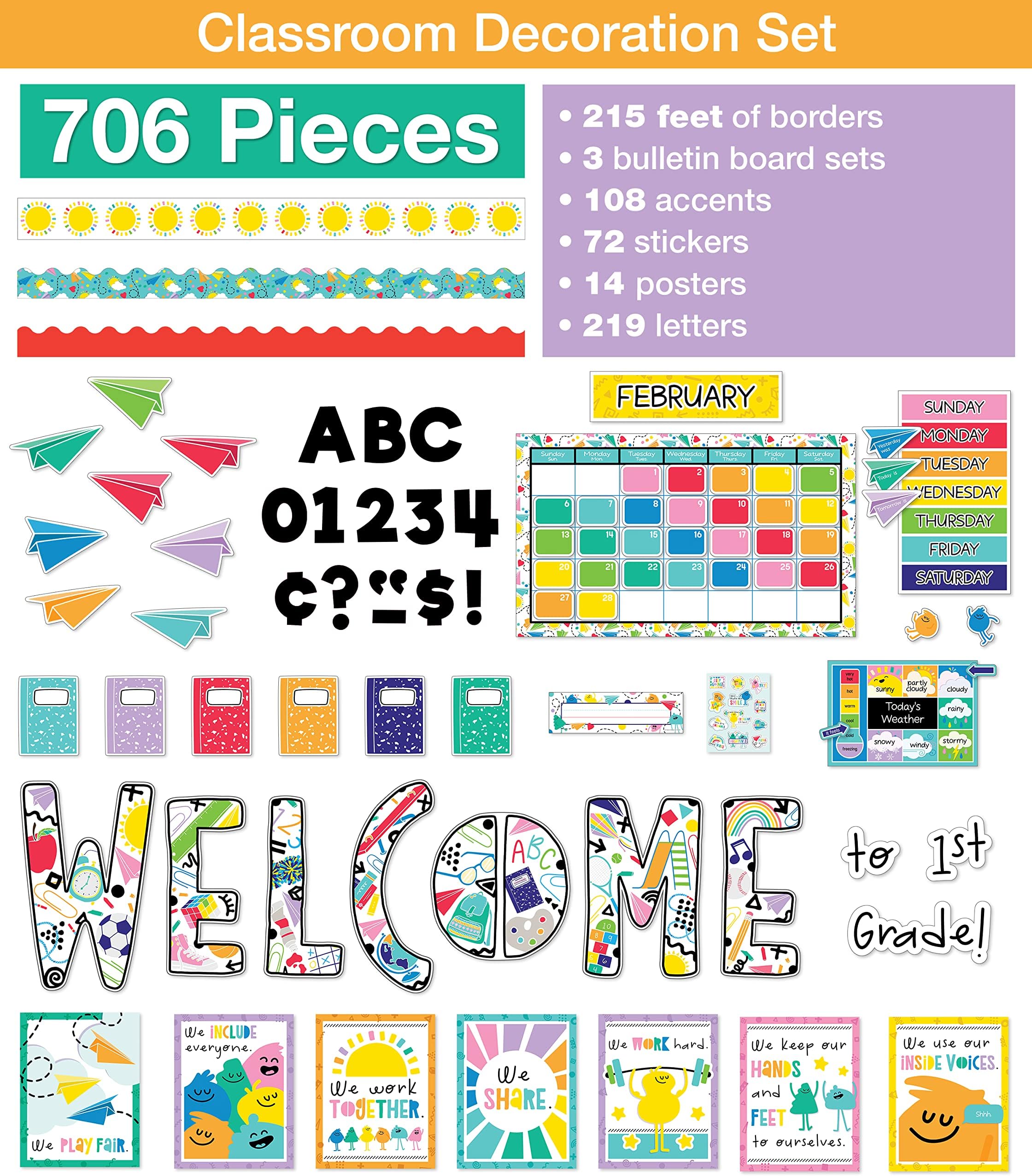 Happy Place Classroom Bright Classroom Decor Bundle, Classroom Calendar & Welcome Bulletin Board, Bulletin Board Letters, Classroom Decor Set, Motivational Poster Set (706 pc)