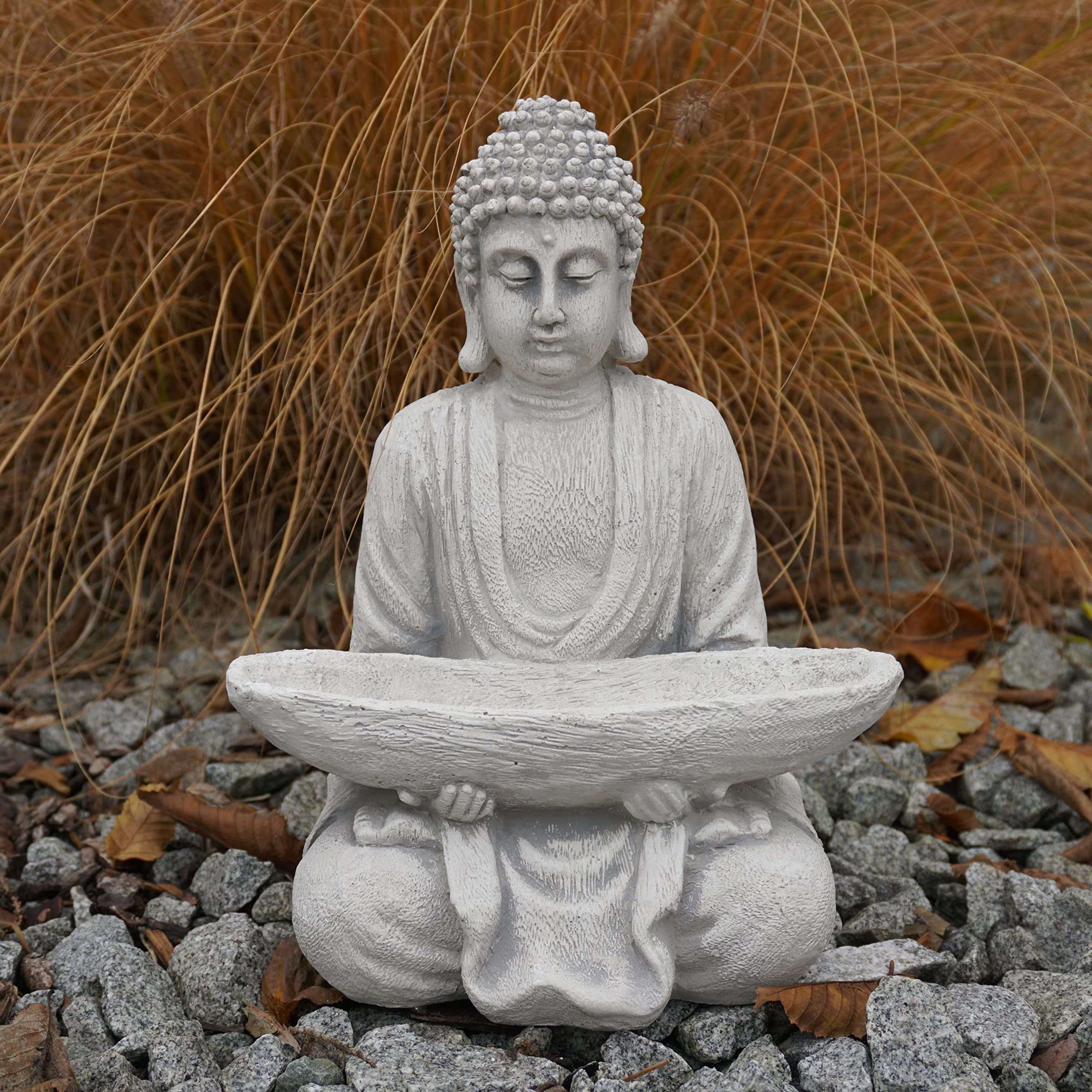 gartendekoparadies.de Bouddha en pierre massive avec bol moine - Décoration de jardin - En pierre - Résistante au gel, Gris,blanc, 27 cm, (Buddha)