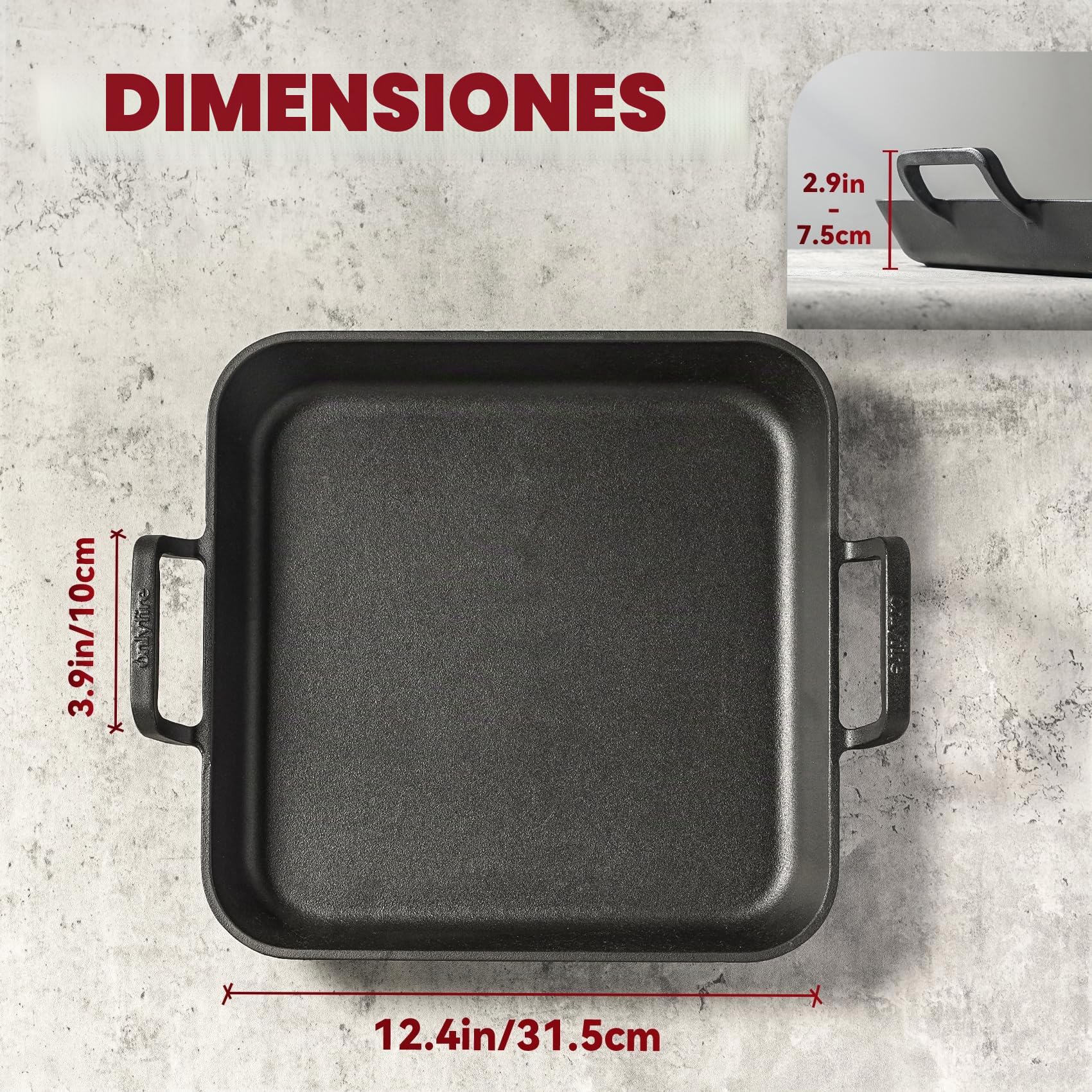 onlyfire Plancha Rectangular de Hierro Fundido con Asas, Sartén BBQ para Parrilla de Gas, Parrilla de Carbón y La Mayoría de Los Hornos, 31.5 * 31.5 * 3.8 cm