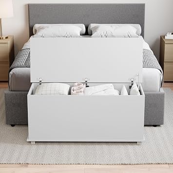 Vida Designs Leon Storage Ottoman, Wooden Chest with Lid, Seat, Stool, Window Bench, Blankets, Bedding, Toy Box, Footstool, White