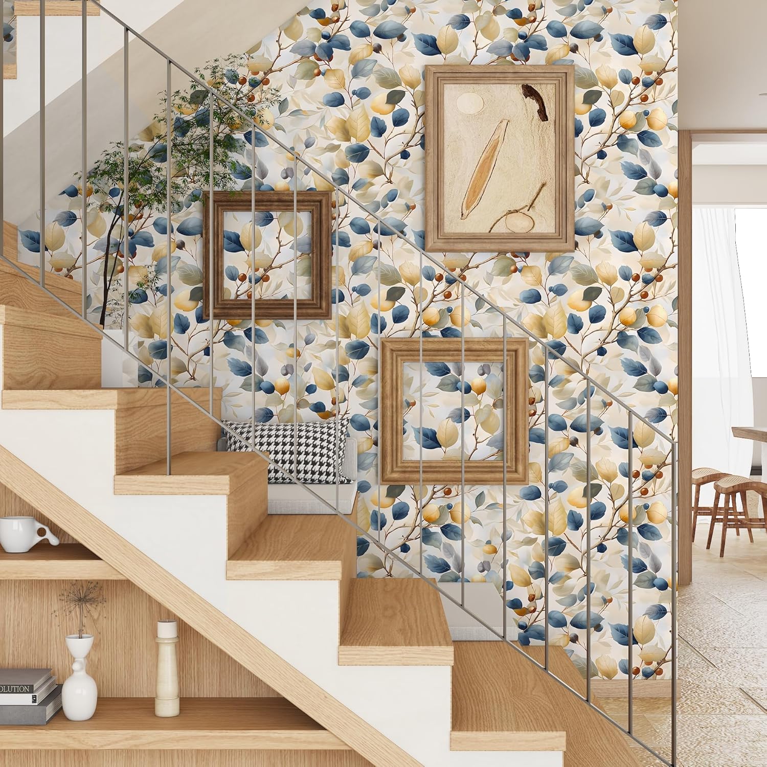 Leaf Wallpaper Peel and Stick Wallpaper 17.3"x393" Blue/Beige Plant Botanical Watercolor Self Adhesive Removable Wall Paper for Bathroom Bedroom Leaf Contact Paper for Cabinets Vinyl Film