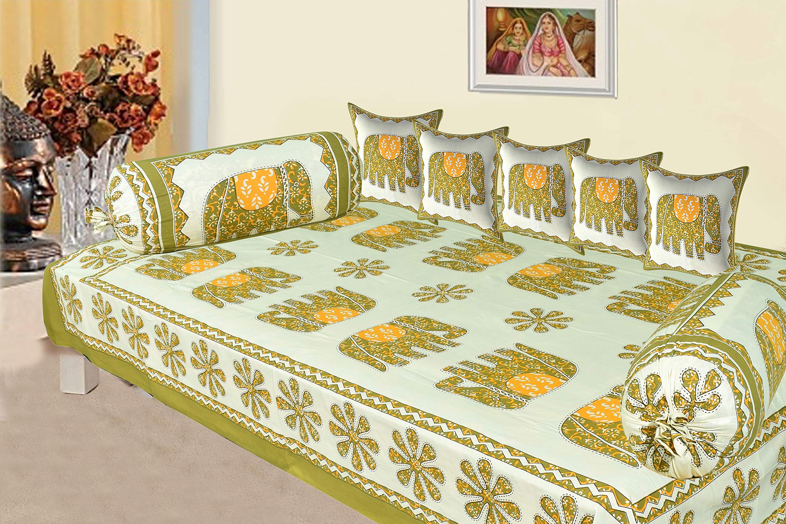 SkyKross - Everyday A New ThingSkyKross - Everyday A New Thing Veda Cream Special Hathi Pure & Soft Cotton Diwan Cover Set |8 Pcs Set - 5 Cushion Cover,2 Bolster Cover,1 Bedsheet (Green)
