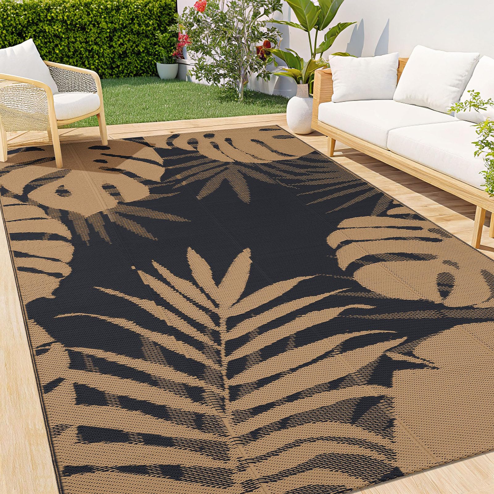 Homaxy Waterproof Outdoor Rug, Anti-slip Reversible Plastic Straw Garden Rugs, Easy Cleaning Carpet for Camping, Patio, Beach, Picnic, Backyard - 120 x 180 cm, Brown & Black