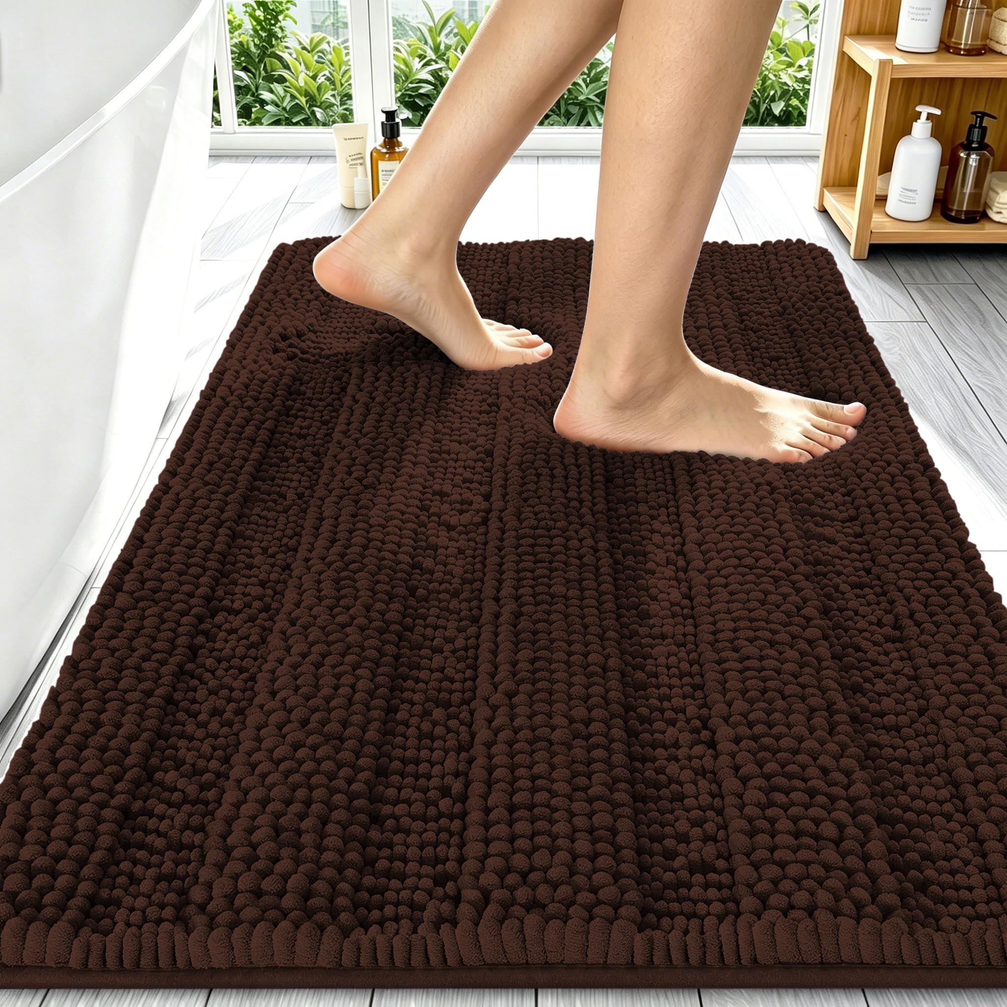 Smiry Thick Chenille Bathroom Runner Rugs 34x21, Absorbent Bath Mat, Brown