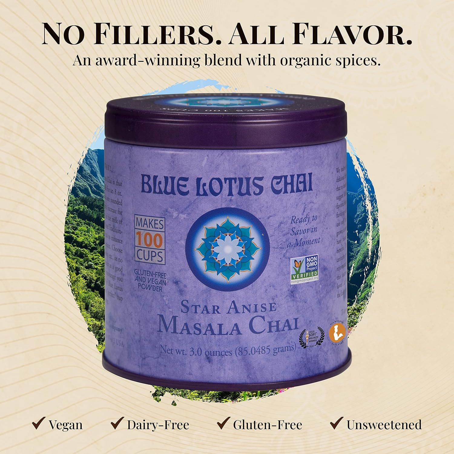 Blue Lotus Chai - Star Anise Masala Chai - Makes 100 Cups - 3 Ounce Masala Spiced Chai Powder with Organic Spices - Instant Indian Tea No Steeping - No Gluten image 3