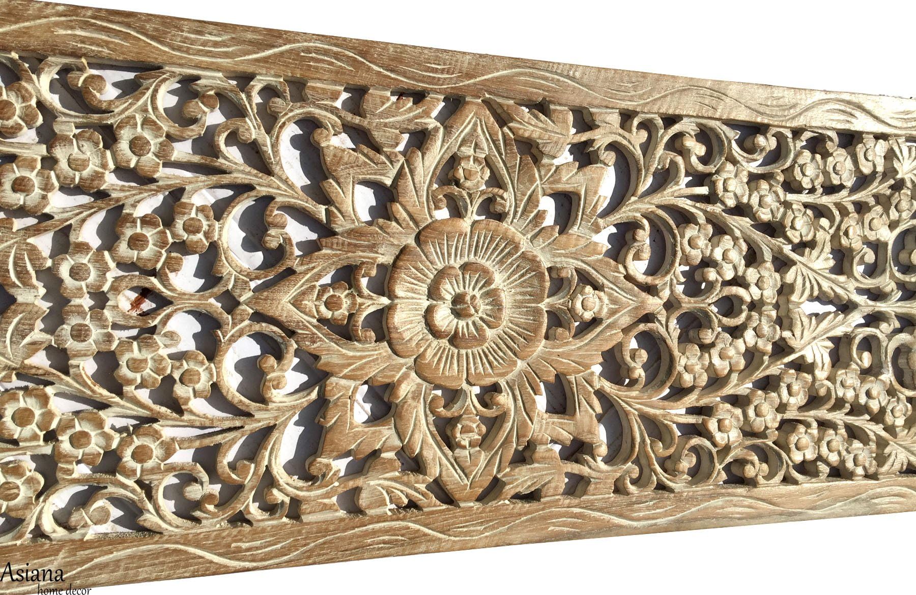 Sunshine Floral Wall Decor. Oriental Wood Carved Lotus Wall Art Panels. Size 35.5"x13.5"x0.5" (White Wash)