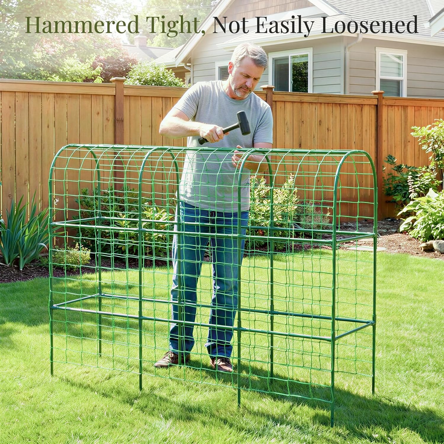 Housolution Cucumber Trellis for Raised Bed, 67"×48" U-Shape Garden Trellis for Climbing Plants Outdoors with 2×3m Net for Tomato Squash Zucchini Peas Beans Grape Fruit Flowers, Green