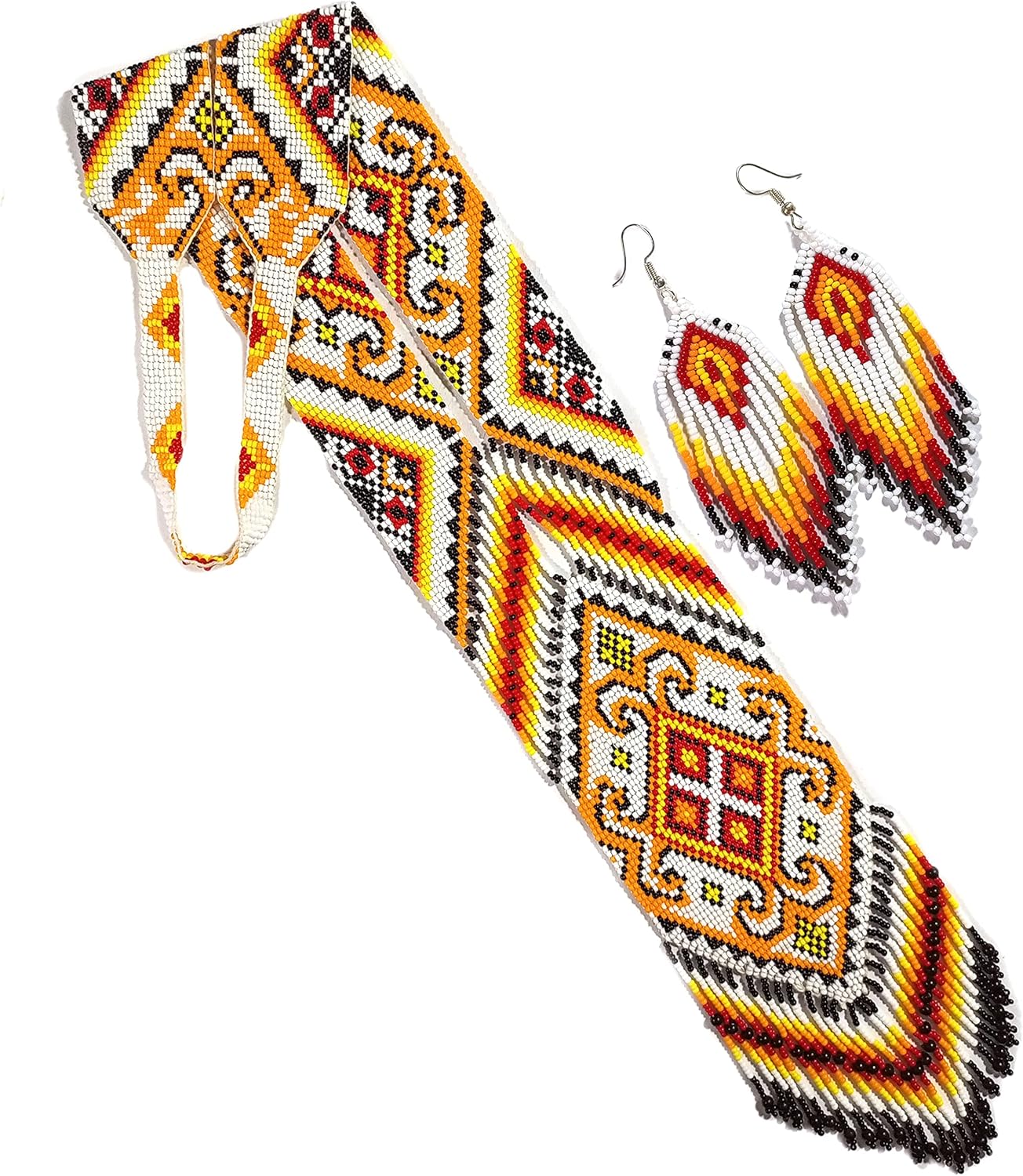 Native American Style beaded necklace for women Boho Statement Designer Jewelry Handmade Seed bead Long with earrings (#2)
