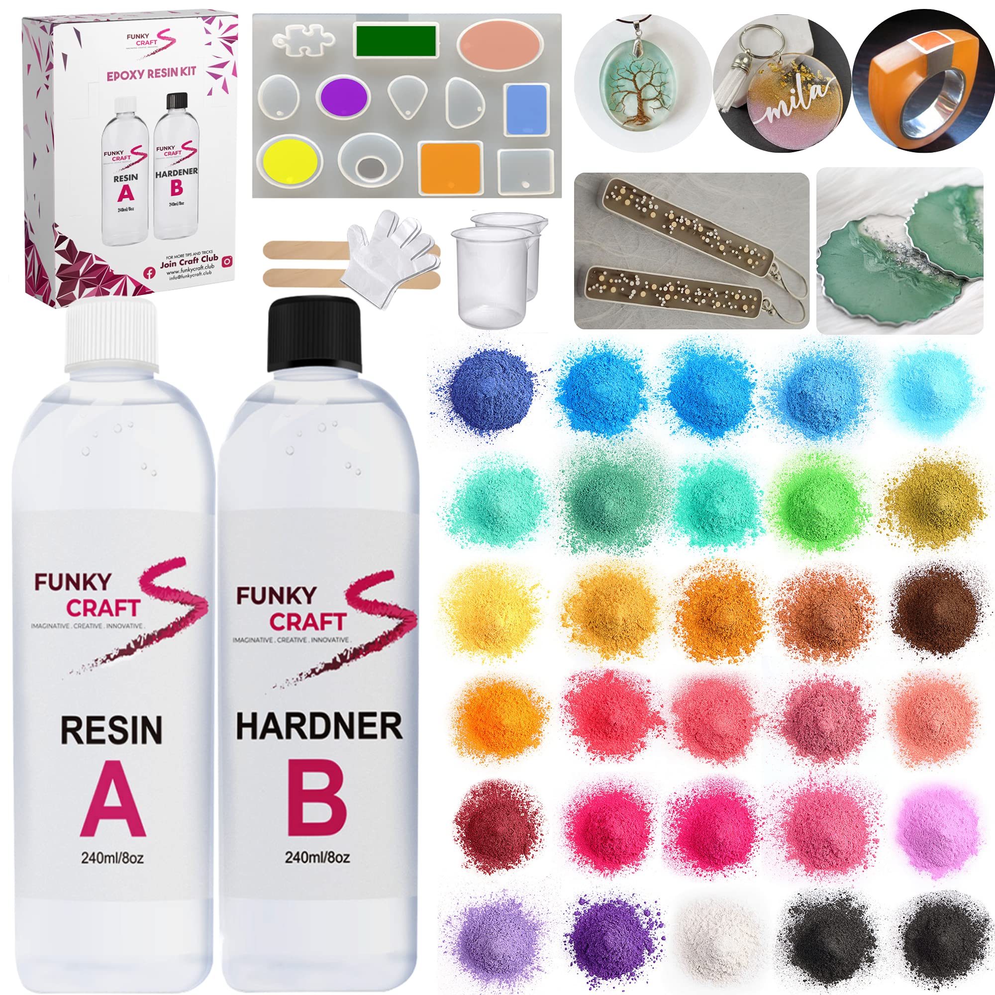 Buy Funky Craft Epoxy Resin Kit 480ml 16oz with Mica Powders 10g, Mould