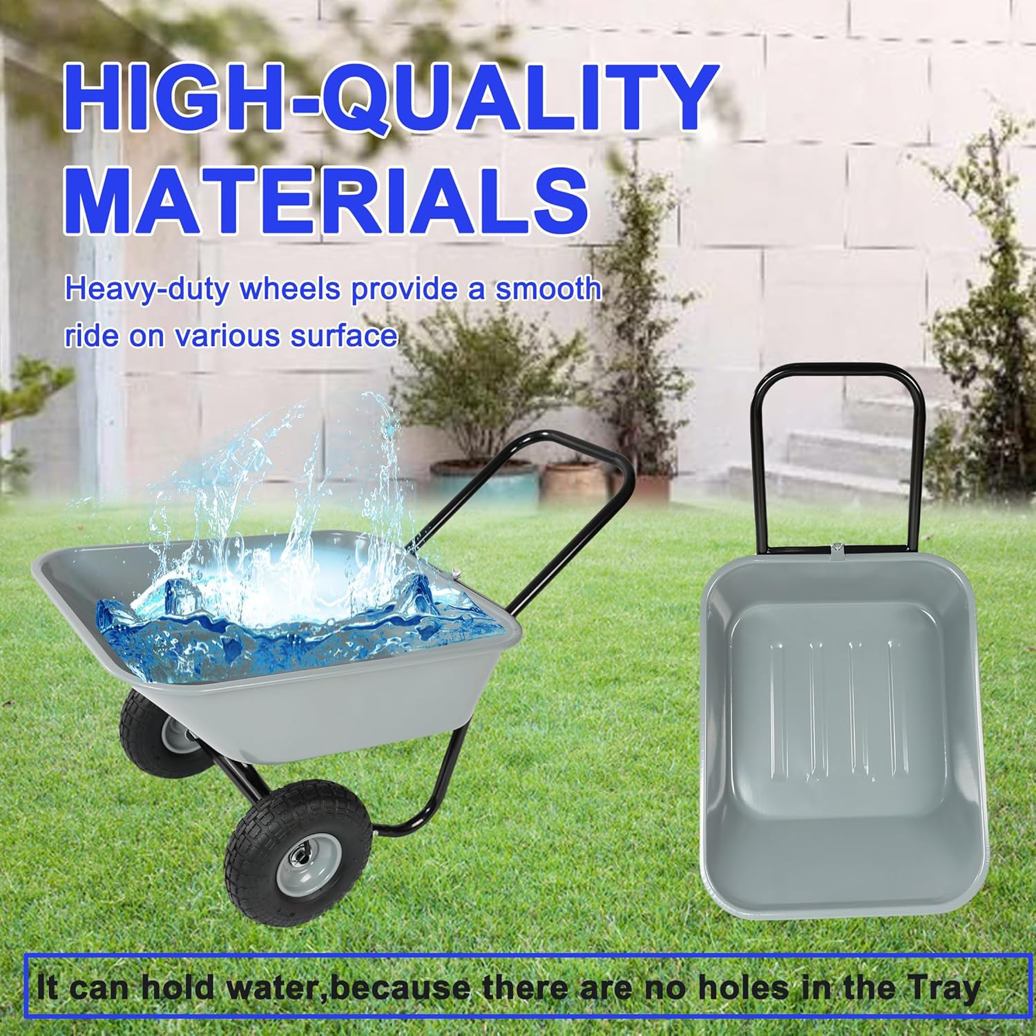 Dual Wheel Garden Wheelbarrow, 35L Heavy Duty Dual Wheel Yard Cart with 10" Pneumatic Tires, Leak-Proof No-Hole Design, Grey ABS+Steel Frame for Garden, Yard & Construction (Grey)