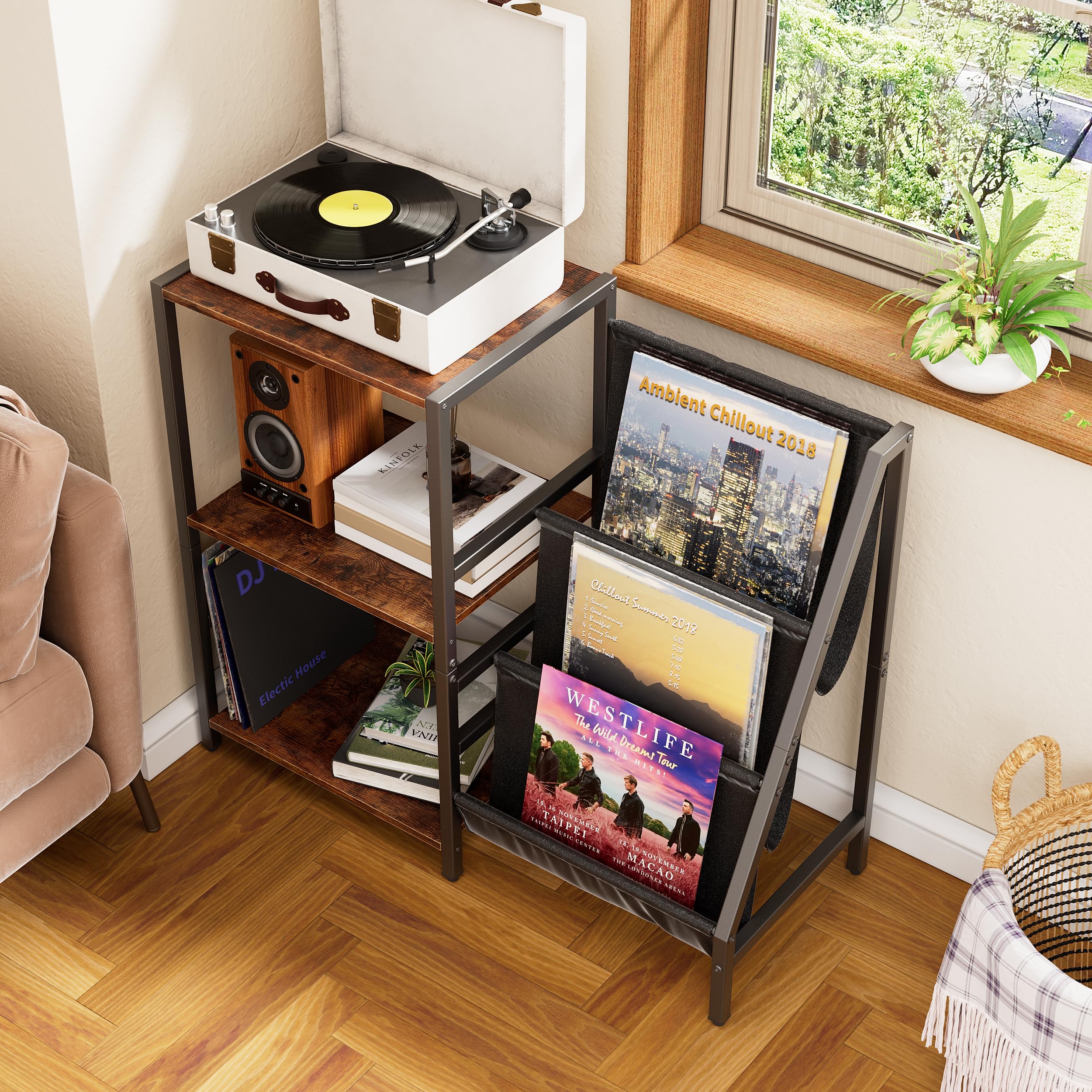 MSFE Mobile porta Vinili,Giradischi Vinili Stand Tavolino con Archiviazione Record in Vinile a 3 Livelli,Espositore per Dischi in Vinile Fino a 200 Album,Gabinetto Supporto da Record in Vinile