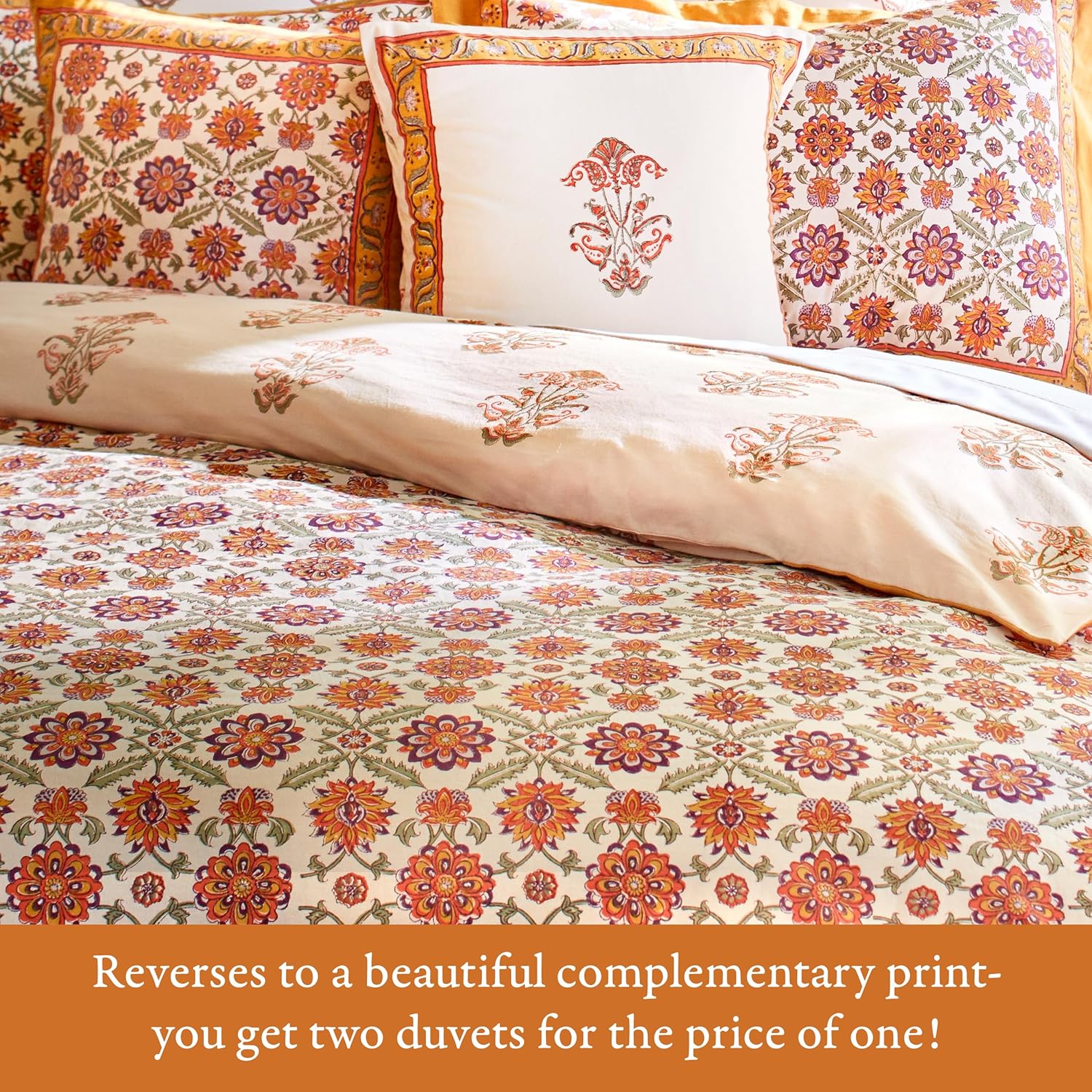 Saffron Marigold Orange Floral Blossom Queen Duvet Cover 100% Cotton Reversible Hand Block Printed Decorative Bed Cover for Bedroom Decor - Orange Blossom 90 x 90 Inches