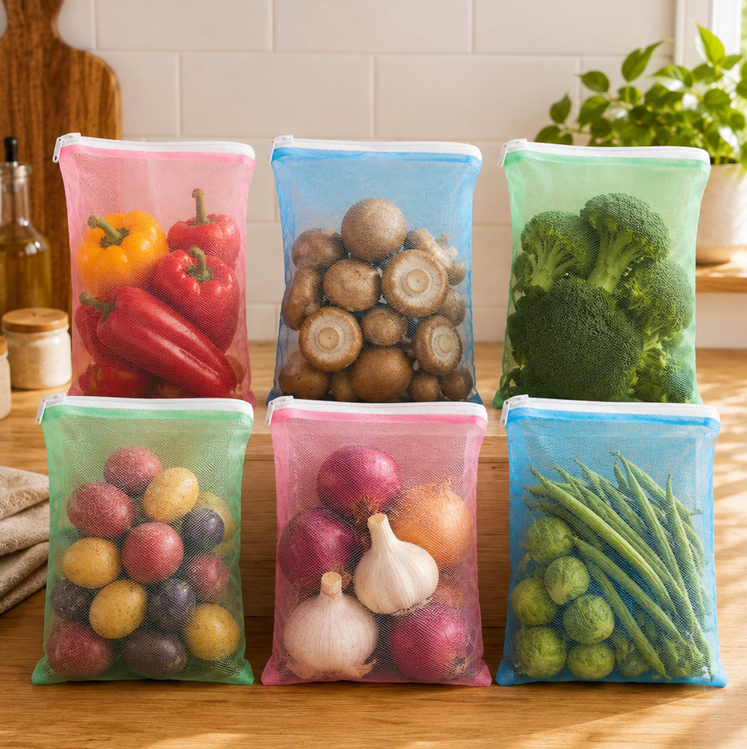 Homestrap Reusable Mesh Fridge Storage Bags Set of 6| Fruit & Vegetable Bags for Refrigerator | Washable Multipurpose Grocery Organizer Pouches with Zip Closure (9 X 13 Inches | Multicolor)