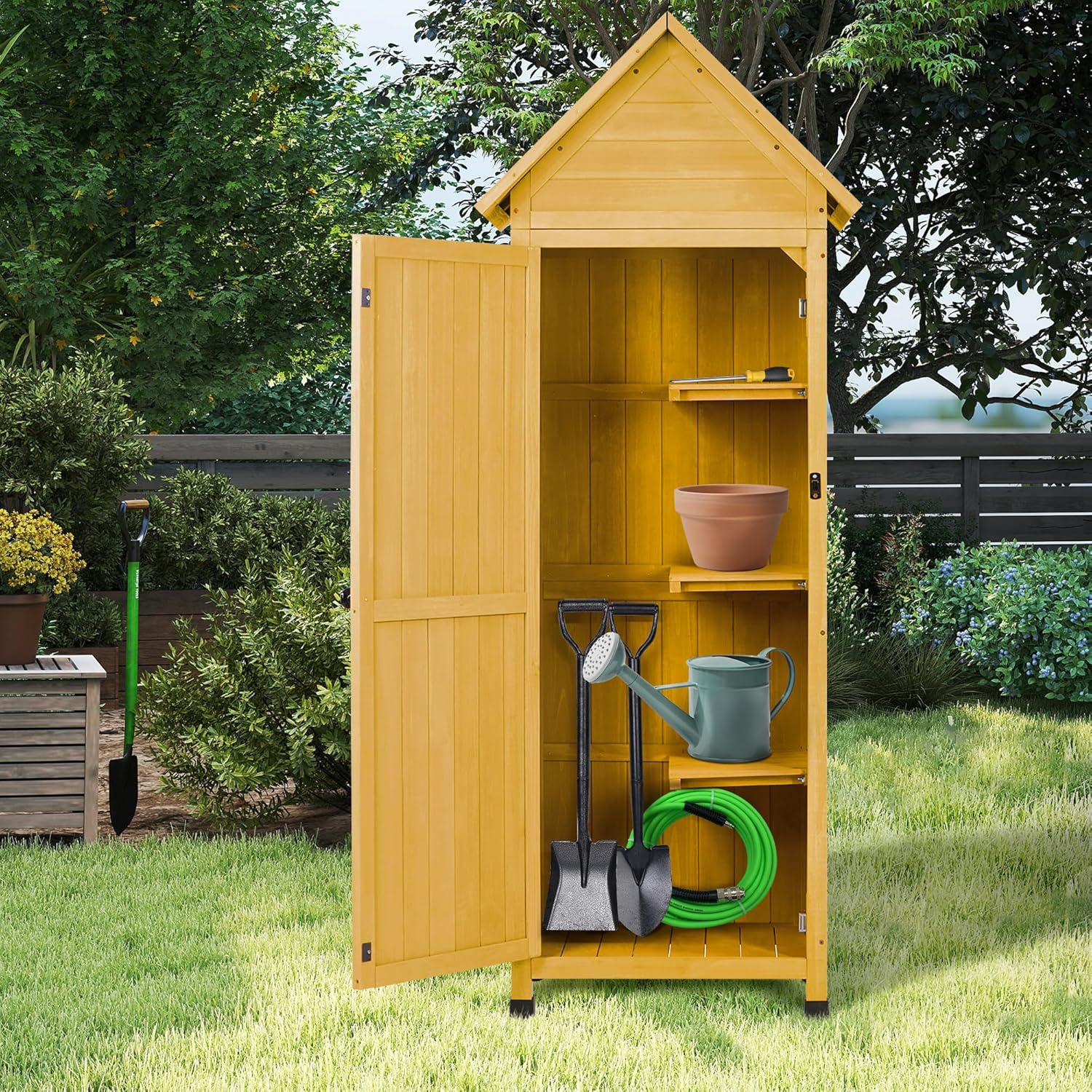 Narrow Outdoor Storage Cabinet, 67" Wooden Vertical Garden Tools Shed, Patio Storage Organizer with Latch & Waterproof Roof for Yard Deck Lawn Farmland Equipment(Yellow)