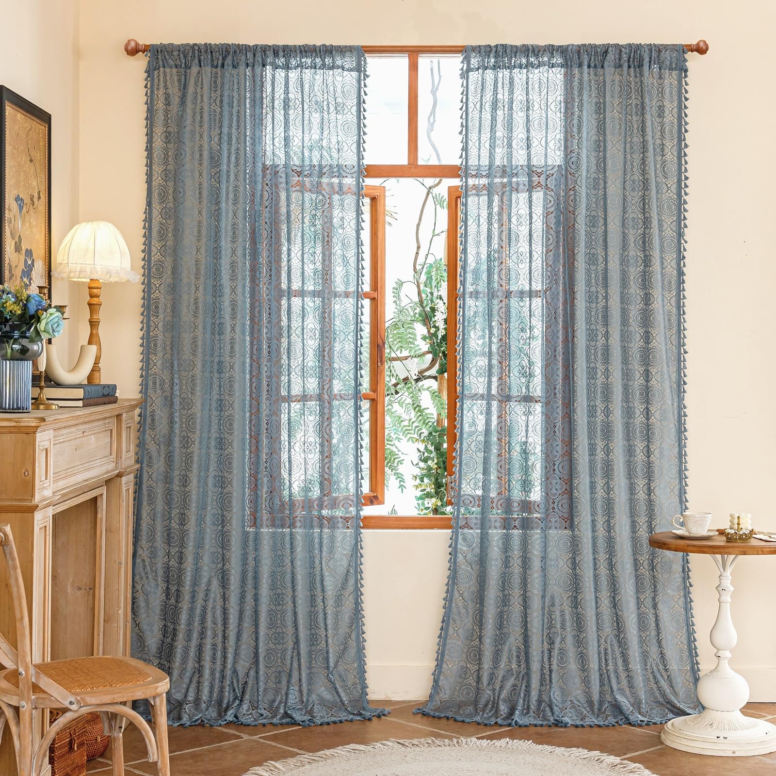 YJ YANJUN Blue Lace Curtains -96 inches Long 2 Panels, Antique Coastal Curtains for Living Room Dining Room, Crochet Boho Farmhouse Panels, Cortinas para Cuarto, 59" W x 96" L 8ft Slate Blue