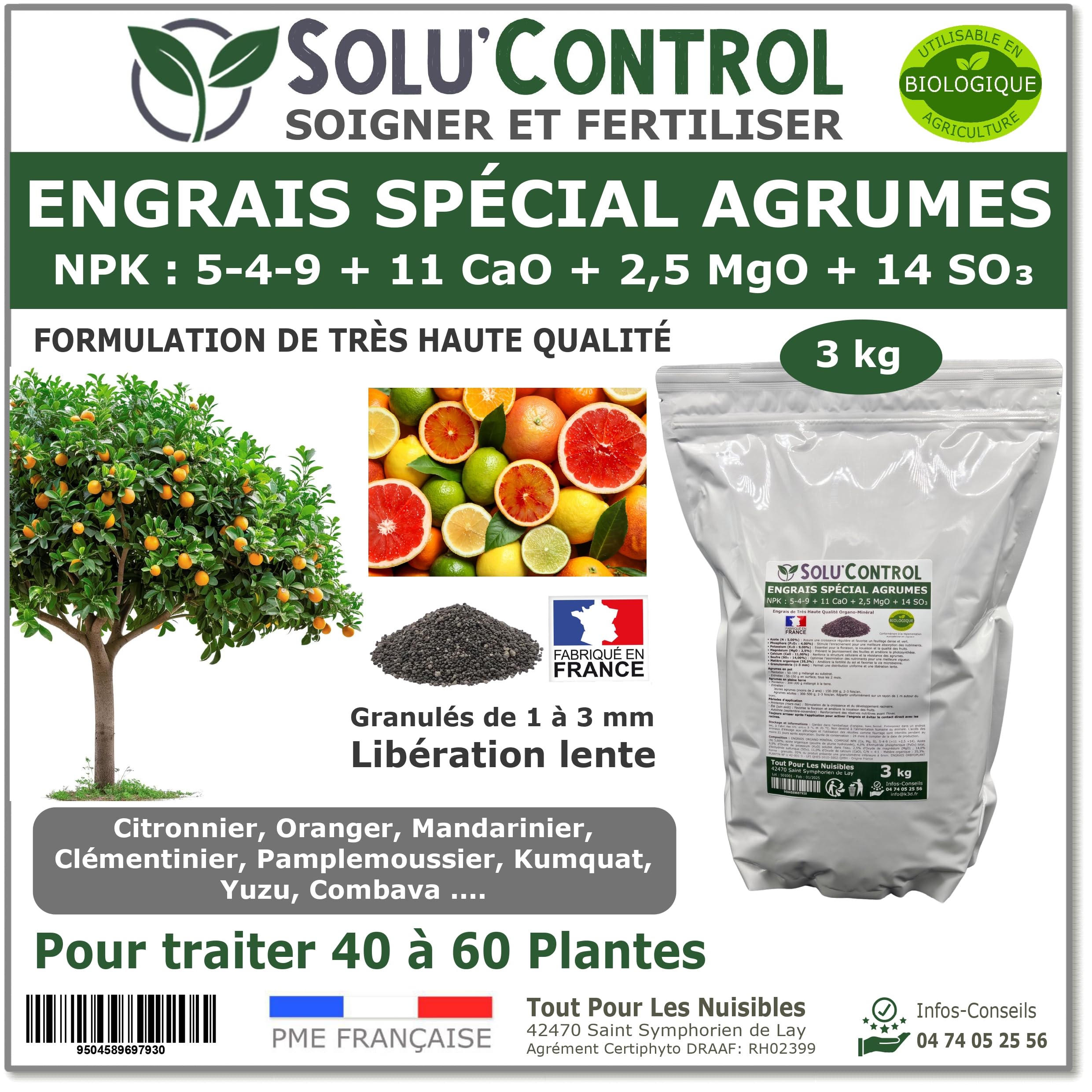 Engrais Spécial Agrumes 3 kg - SoluControl - Formulation haute qualité Organo-Minerale - Citronnier, Oranger, Mandarinier, Clémentinier, Pamplemoussier, Kumquat, Yuzu, Combava ...