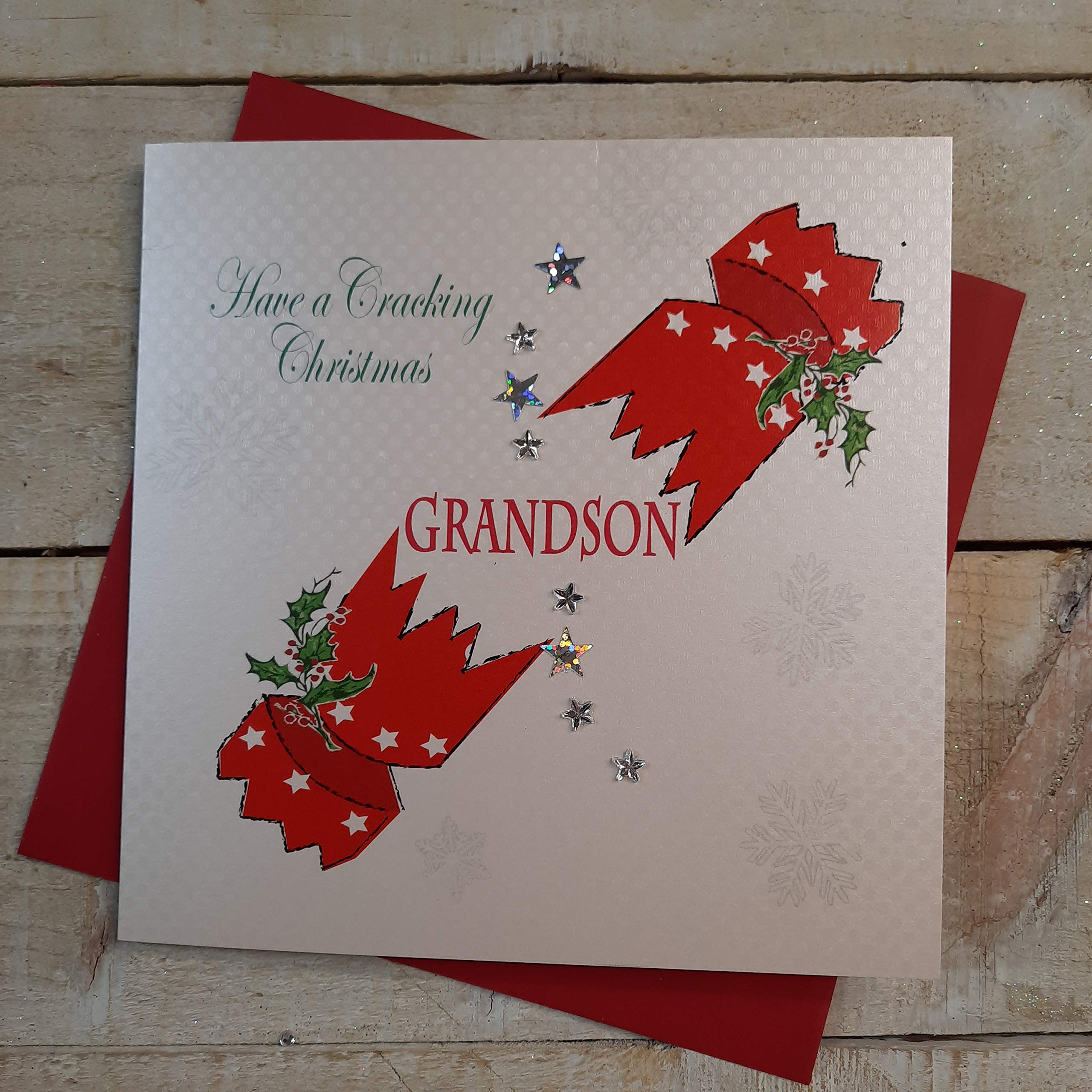 White Cotton Cards X131 Have a Cracking Christmas Grandson Handmade Christmas Card with Cracker Design, White
