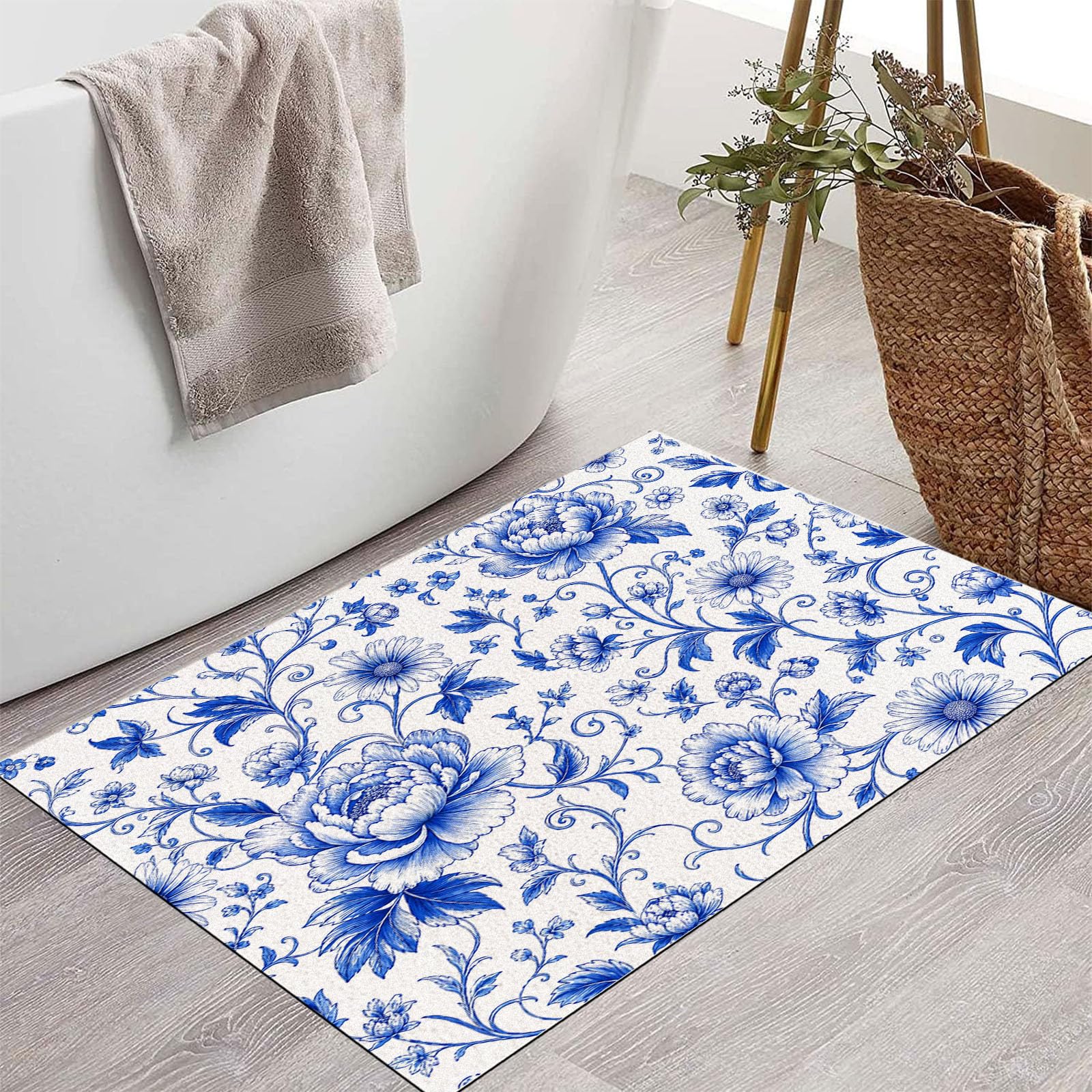 Zerbino Ingresso Interno Peonia Fiori Intrecciati Porcellana Blu E Bianca, Zerbino Di Benvenuto Lavabile Morbida Italiano Retrò, Antiscivolo Tappeto Da Decorazioni Blu Per Casa Porta, 60X90Cm