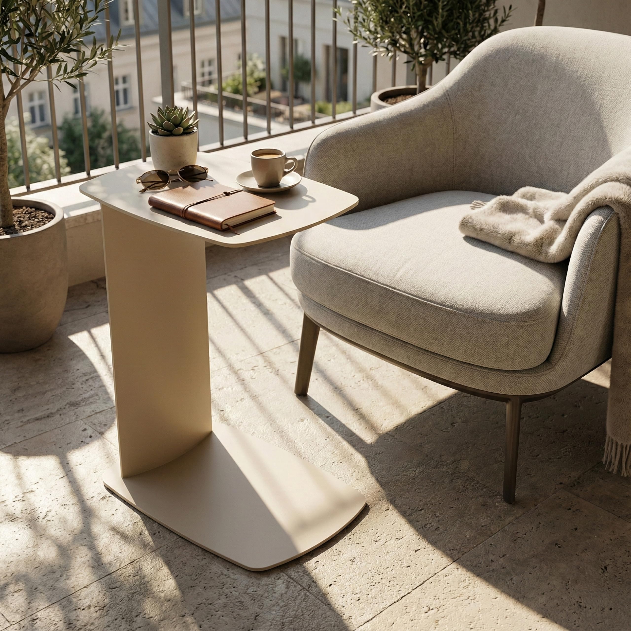 Beistelltisch Metall C-Form, pulverbeschichtet & wetterfest – Sofa Couch Tisch für Wohnzimmer, Balkon & Terrasse – Standby (Champagne Beige)