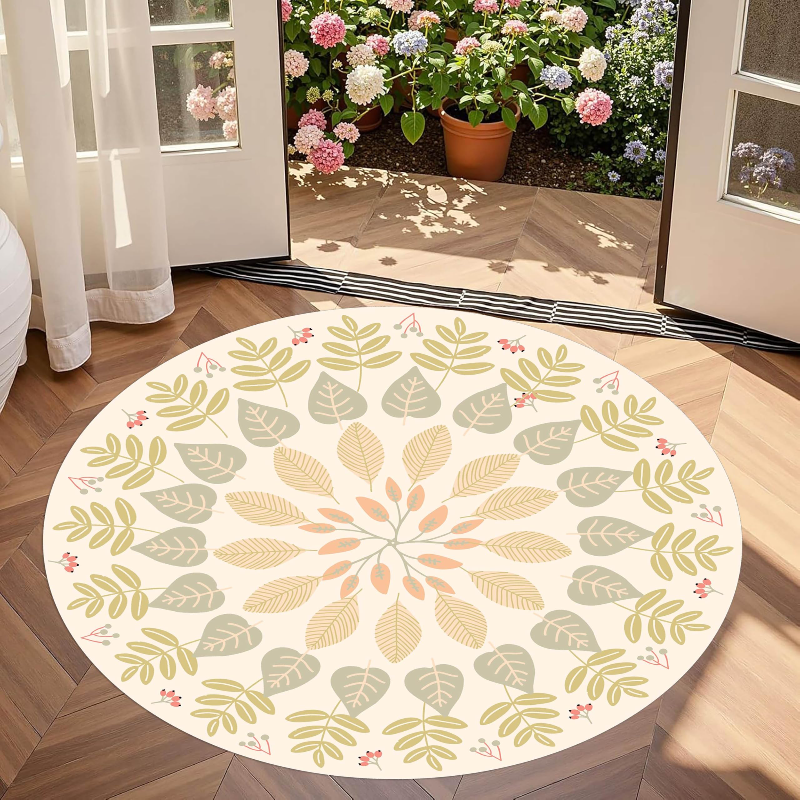 LHOMKCV Boho Circle Rug for Living Room, 200cm, Plain Color Palm Leaf Pattern Minimalist Rugs, Entrance Low Pile Non Shedding Bohemian Carpet for Playroom Home Office