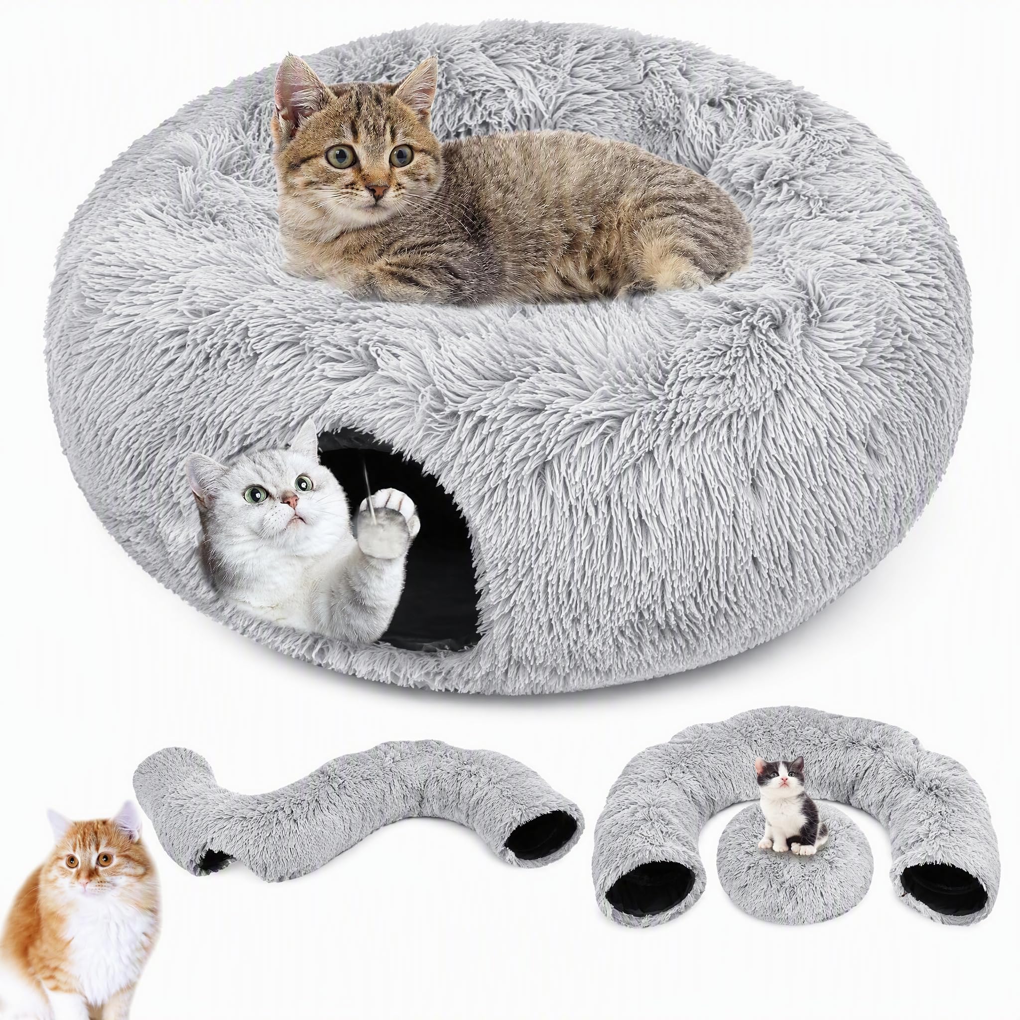 Tunnel Chat Pliable 2 en 1 avec Lit De Chat, Tunnel pour Chat D'IntéRieur avec Deux EntréEs Et des Balles Suspendues, Rond Tunnel Multifonctionnel pour Chats, Petits Lapins, Chiots Et Furets