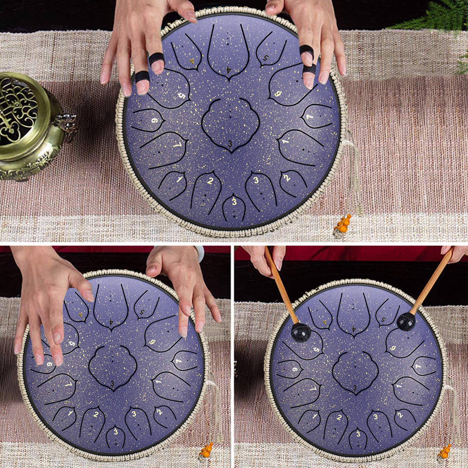 Tamburo a lingua in acciaio da 35,6 cm, con bacchette per meditazione e yoga, suono essenziale a 15 note (C)