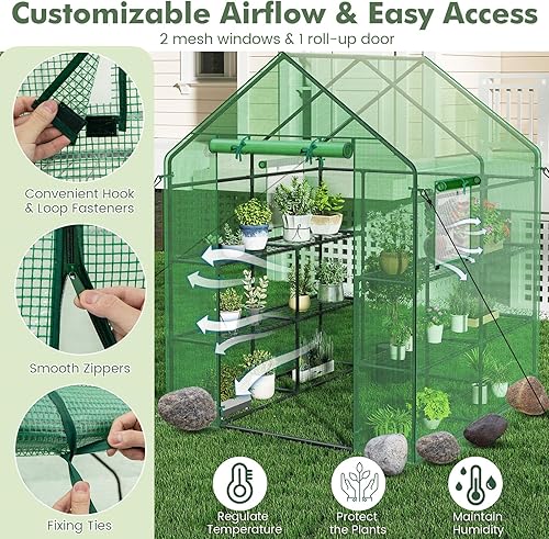 Miniatura 3 de Happygrill Invernadero portátil para exteriores con 8 estantes, puerta enrollable con cremallera, 2 ventanas de observación y 2 niveles, cubierta de