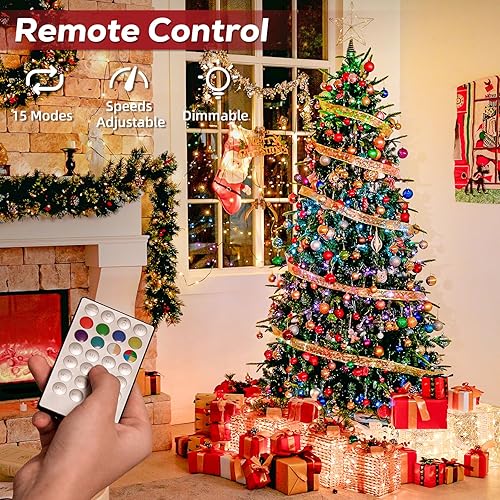 Miniatura 3 de Hykolity Árbol de Navidad artificial preiluminado de 6.5 pies, 1854 puntas de rama, árbol de Navidad con 650 luces LED que cambian de color, soporte