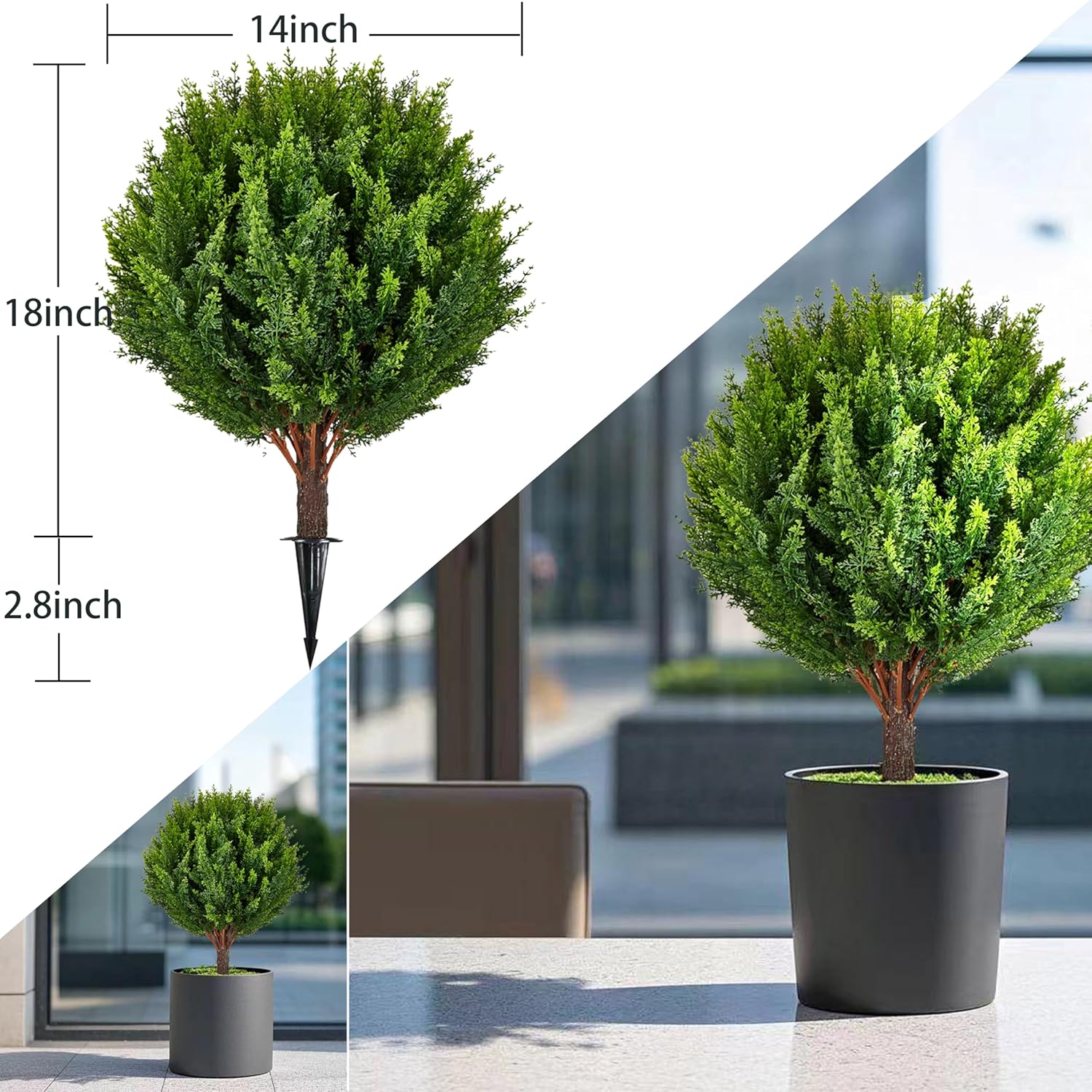 21 inch Artificial Cedar Tree Set of 2 Topiary Ball Tree Faux Cypress UV Resistant Artificial Shrubs Evergreen Plant with Ground Spike Outdoor Indoor for Home Front Porch Garden Office Decoration - Image 6
