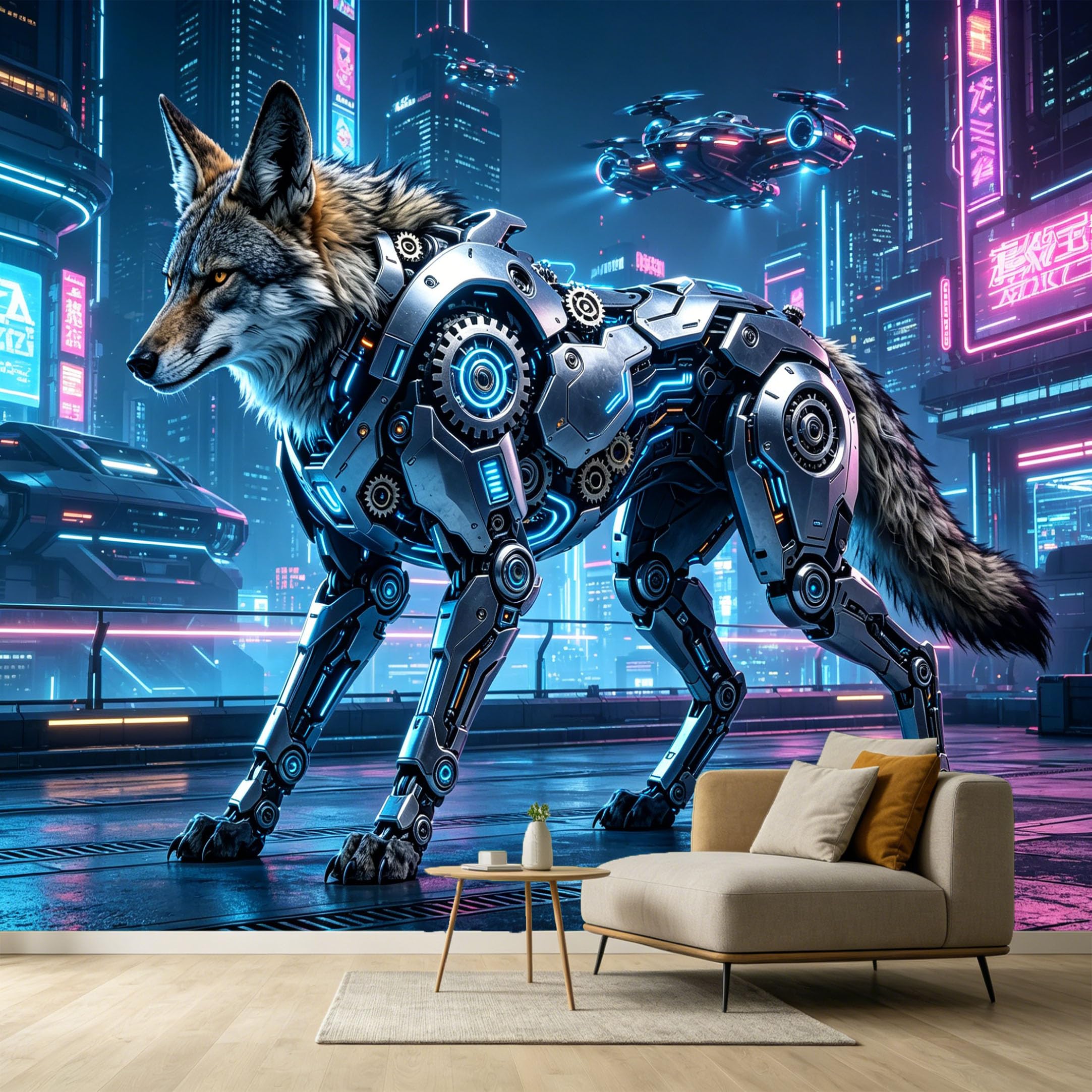 Custom Size Wall Murals Cyberpunk Wolf Mecha Animal Modern Industrial 3D Trompe L'Oeil SelfAdhesive Wall Fabric Removable Large Wallpaper for Photo Living Room