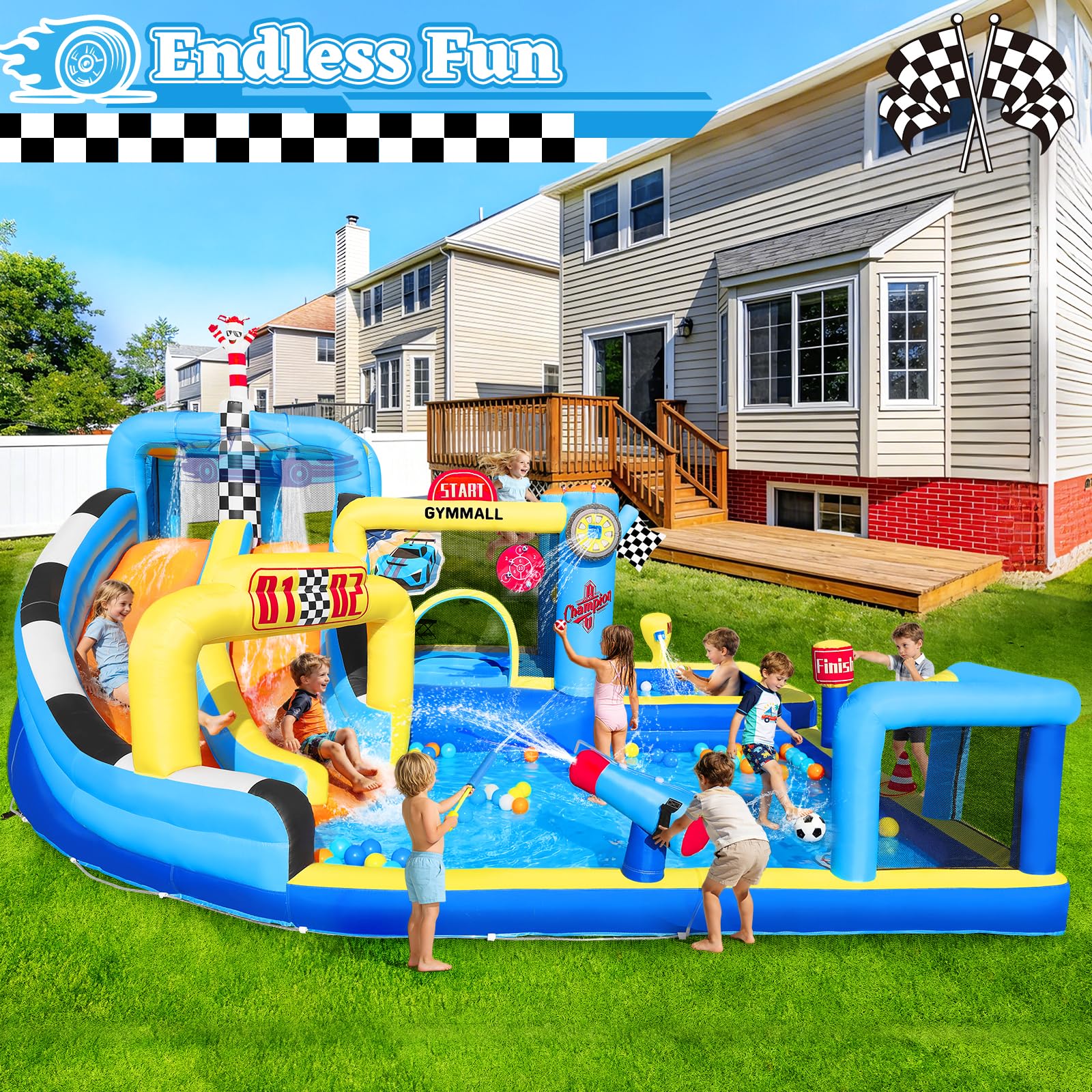 Château Gonflable de Course pour Enfants, Grand Château Gonflable 12 en 1 avec Souffleur 750W, Double Toboggan Aquatique, Pataugeoire, Zone de Saut, adapté pour l'intérieur et l'extérieur