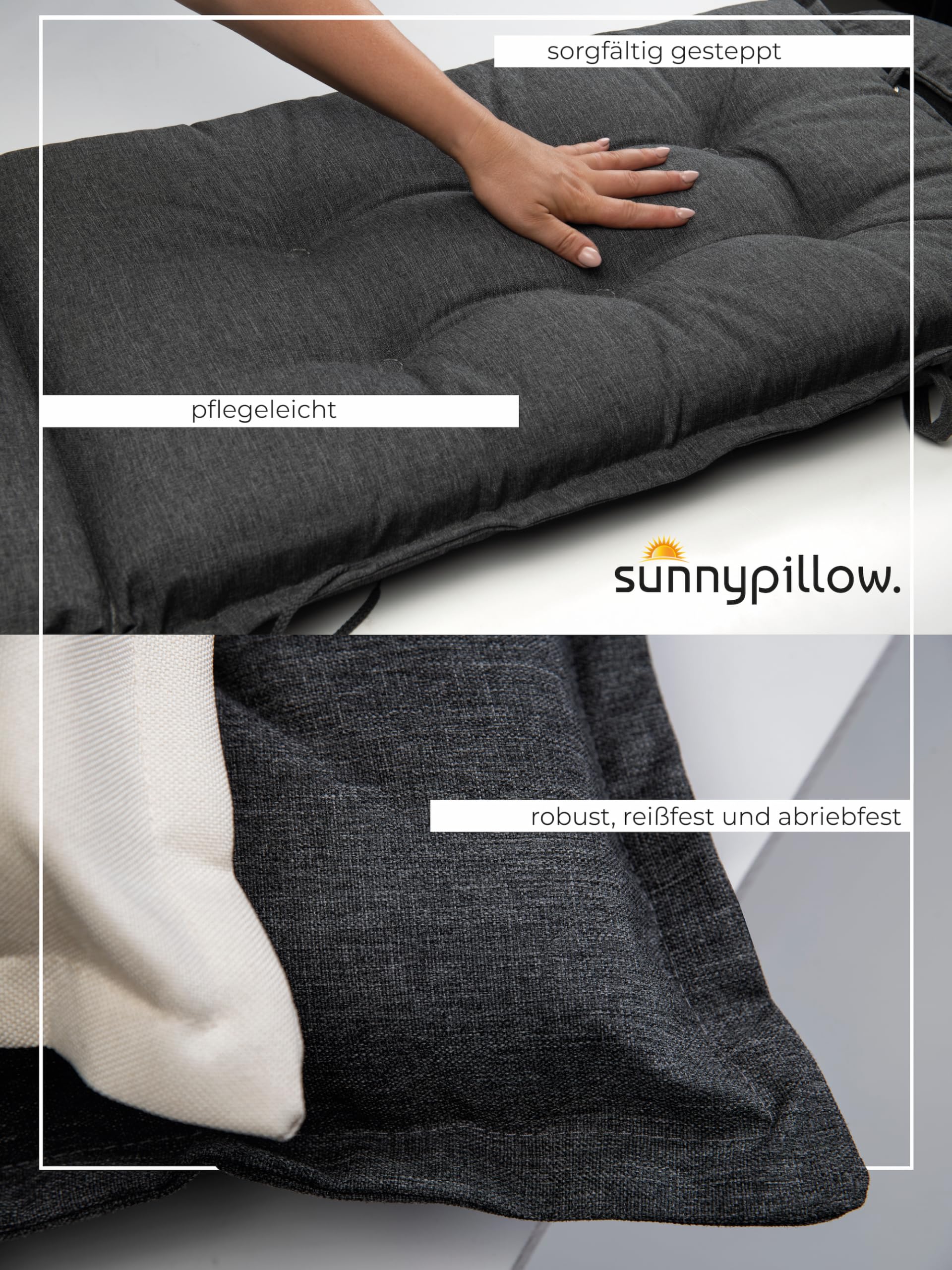 sunnypillow Set di 2 Cuscini per Sedia da Giardino con Schienale Alto - 120 x 50 Spesso 9 cm - per Interni ed Esterni - con Poggiatesta Rimovibile, Impermeabile e Resistente ai Raggi UV - Antracite