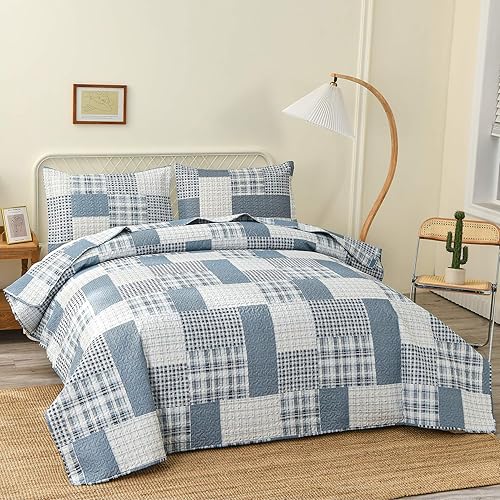 Miniatura 2 de Green Essen Juego de ropa de cama a cuadros de color azul, blanco y gris, tamaño King, juego de edredón ligero de retazos clásico, colcha de cuadros