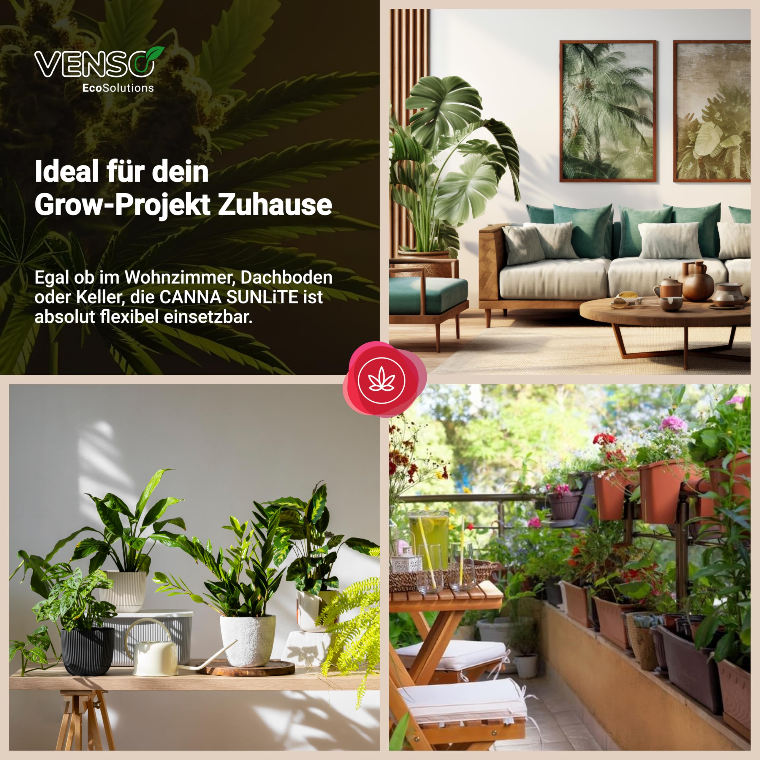 VENSO LED Pflanzenlampe Vollspektrum CANNA SUNLiTE, 30W Parus Grow Light, Ausziehbarer Teleskopstab bis 170cm, Ideal für 1-2 Cannabis Pflanzen, Indoor Anzucht, 4000K, IP54, EU-Stecker