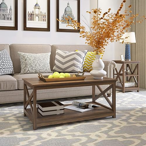 Miniatura 2 de Rainbow Sophia Mesa auxiliar moderna mesa de centro de madera de granja con almacenamiento de 2 niveles 40 pulgadas blanco vintageespresso