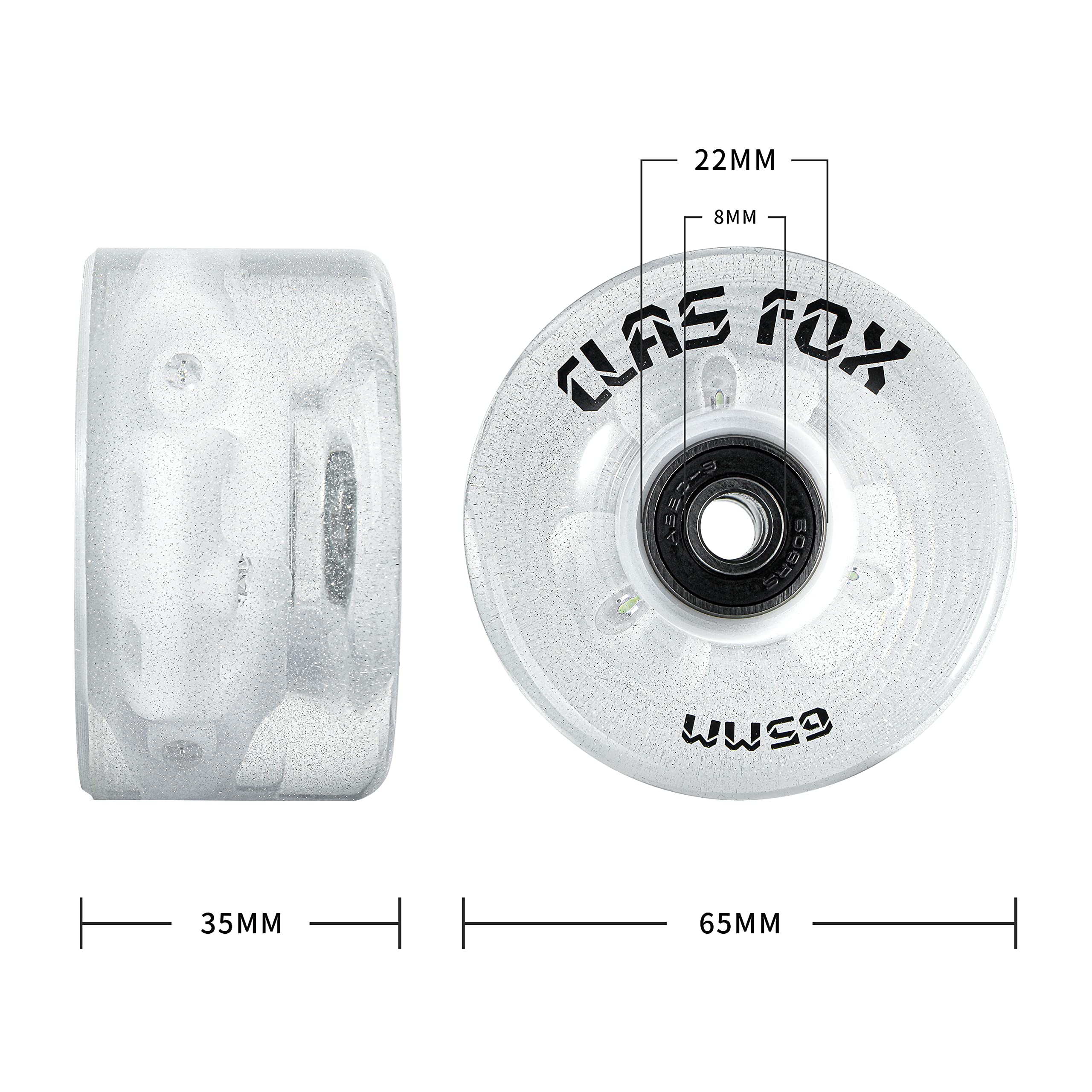 Rollschuh-Räder leuchten mit leuchtenden Punkten und ABEC-9-Kugellagern, 65 mm x 35 mm, 82 A, 8 Stück, für drinnen und draußen, für zweireihiges Skaten (transparent)