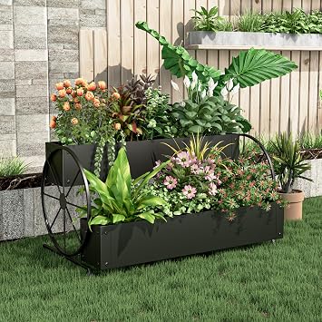 Metal Wagon Planter Box, 2-Tier Outdoor Planter Raised Garden Beds with Wheels, Decorative Planter Boxes for Flowers Herbs Vegetables, Small Flower Cart for Patio, Balcony Black
