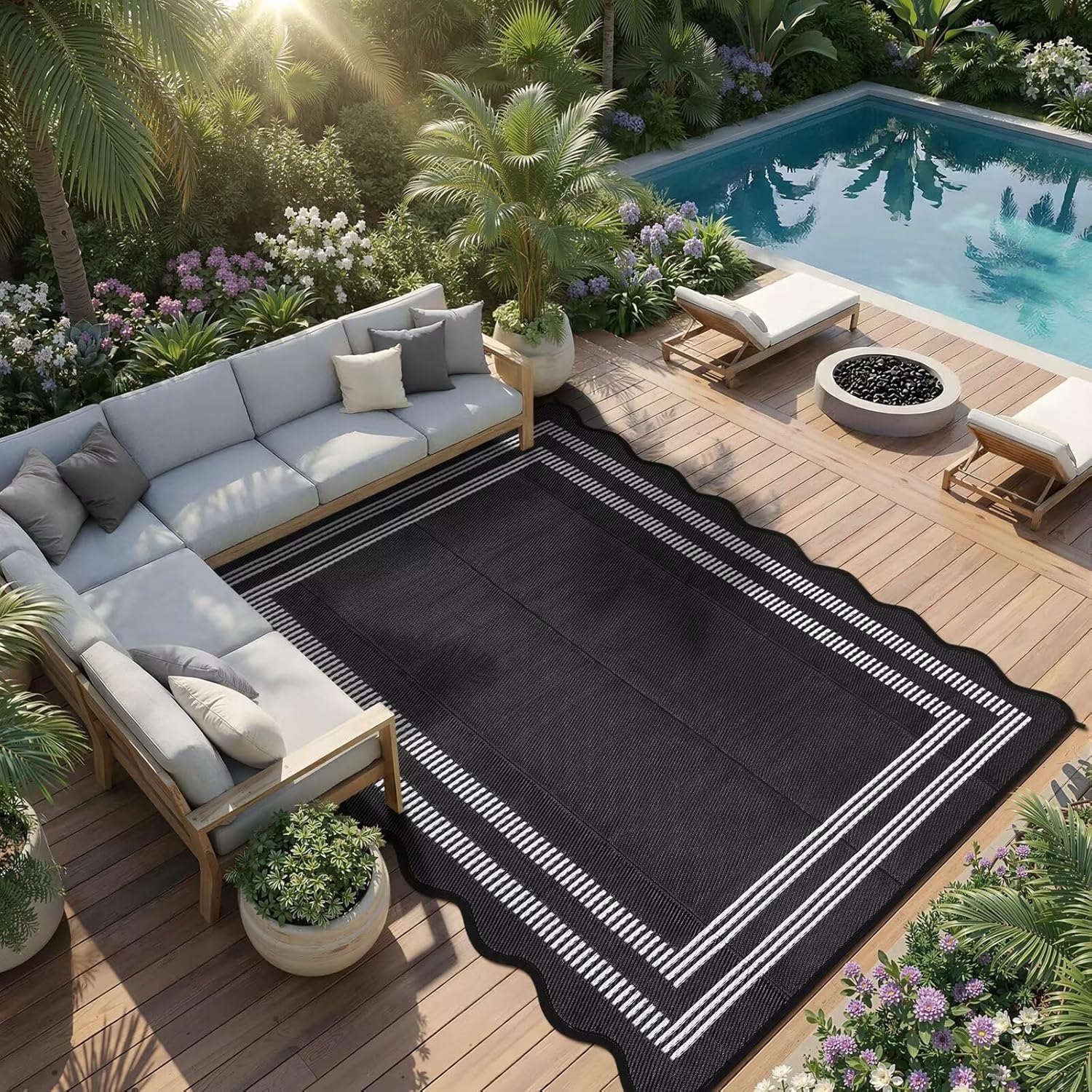 Garvee Waterproof Outdoor Rug 8x10, Scalloped Geometric Foldable Plastic Straw Patio Camping Rug, Outdoor RV Carpet for Deck Camper Porch Balcony Backyard Picnic Beach Black and White