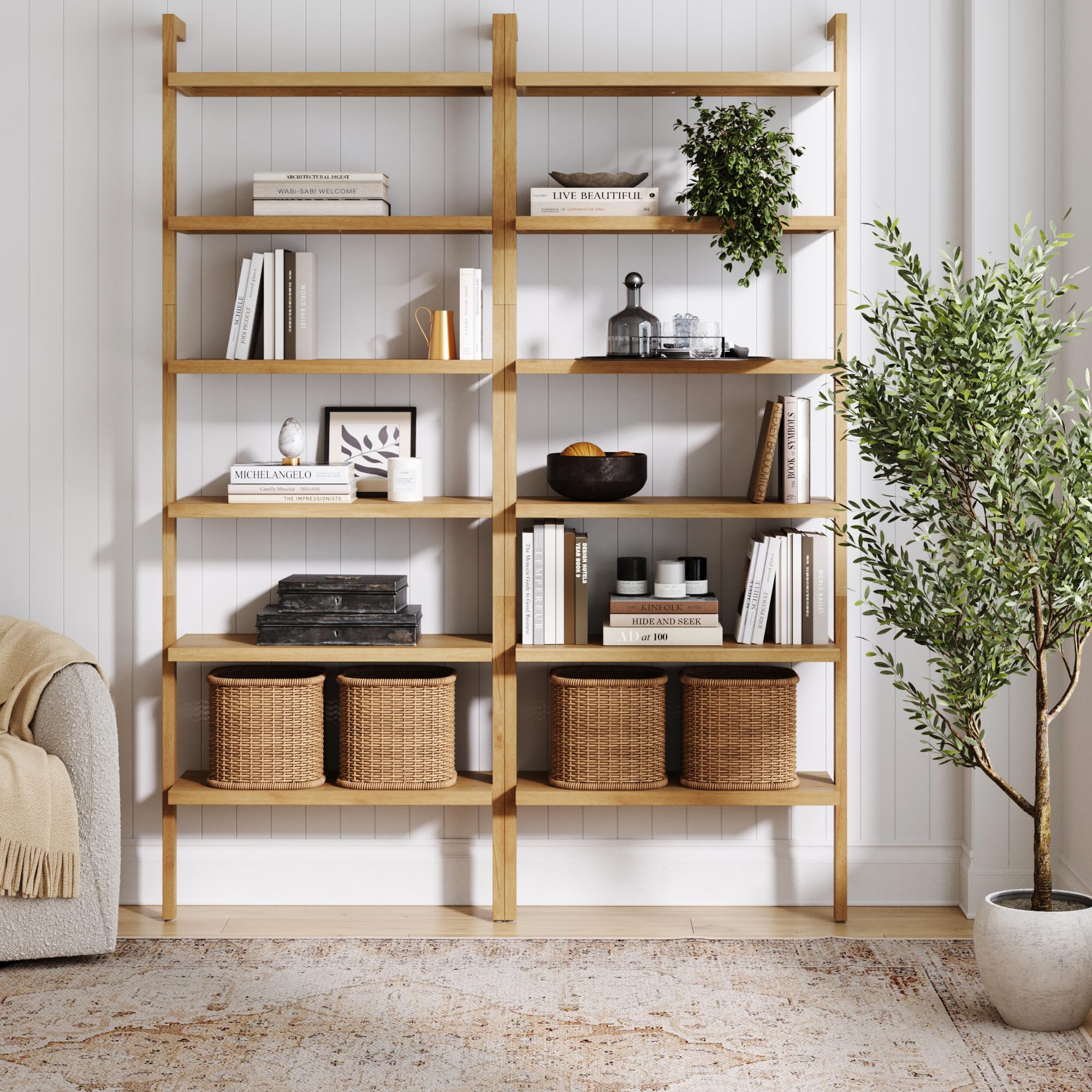 Nathan James Beacon Scandinavian 6-Shelf Wooden Wall Mounted Bookcase, Rustic Solid Wood Bookshelf, Warm Pine Set of 2