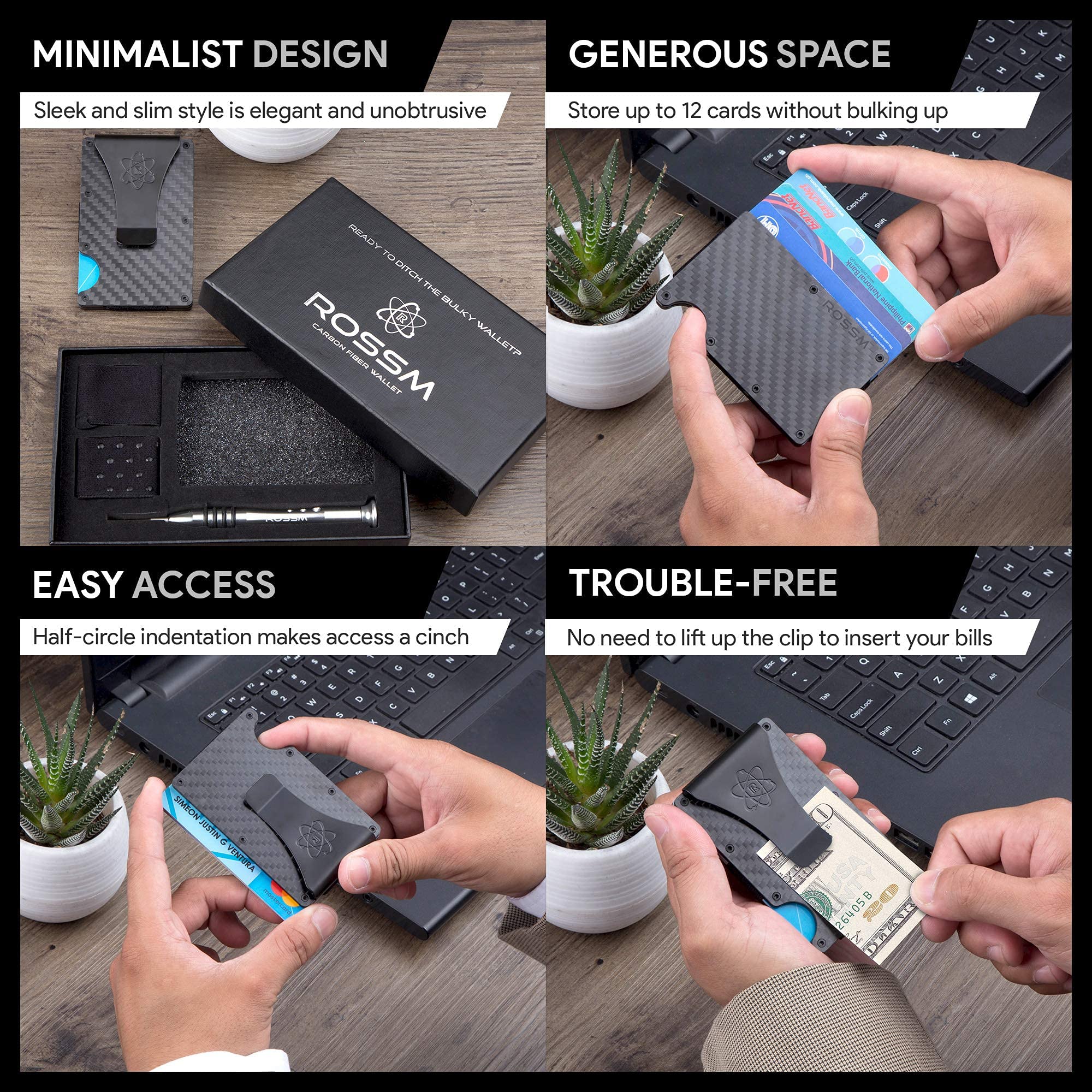 ROSSM Portafoglio da uomo minimalista con blocco RFID sottile - Portafoglio con tasca frontale sottile con cinturino in metallo e fermasoldi - Fibra di carbonio forgiata/Pacifico/AirTag