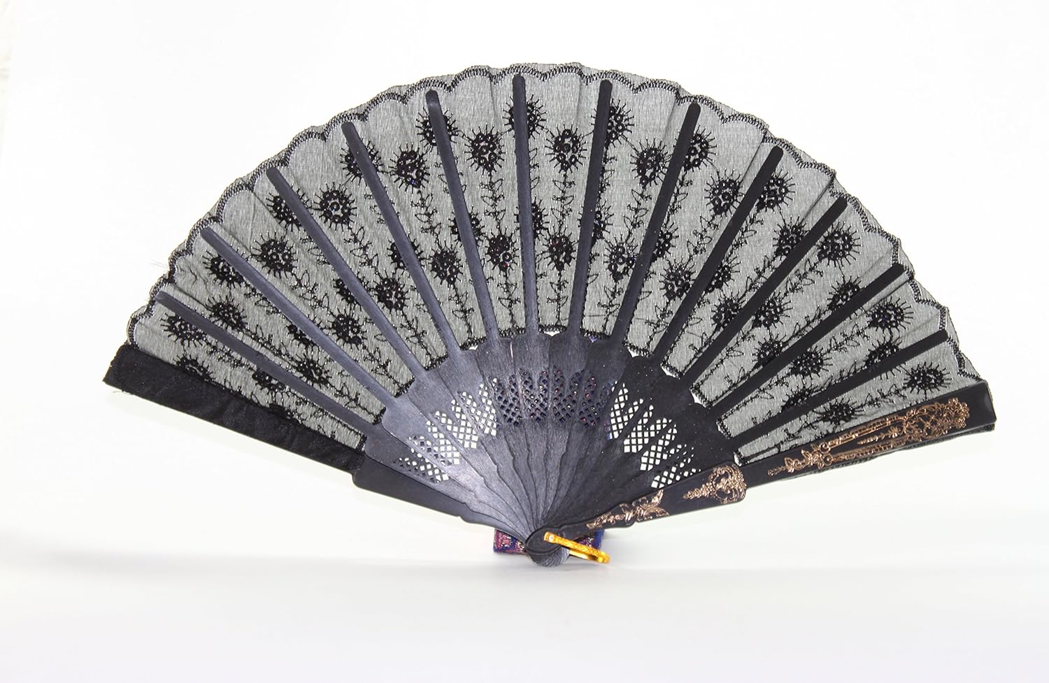 W Set of 10 Black Chinese Japanese Lace Floral Folding Hand Pocket Fans
