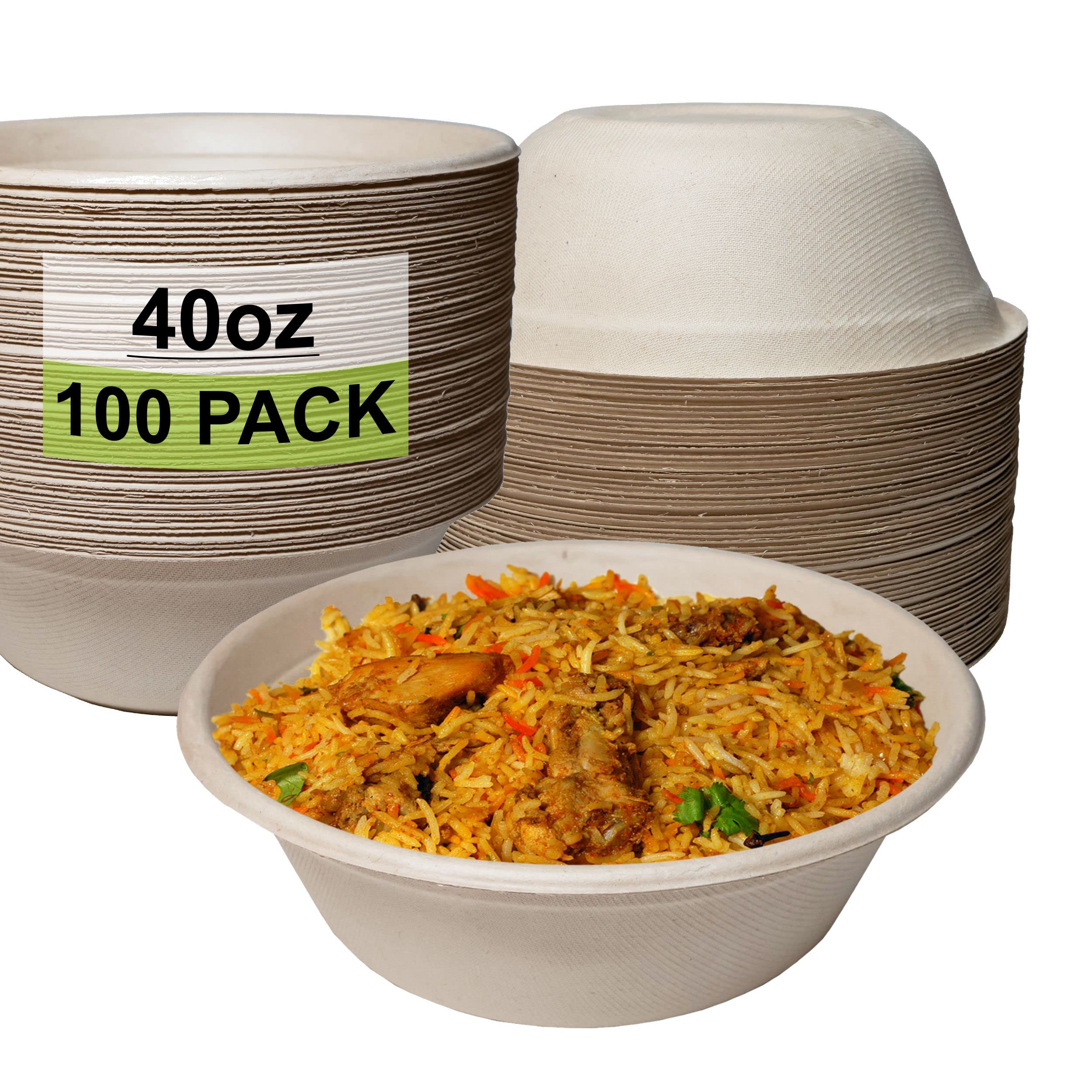 100 Count - EcoQuality 40oz Round Disposable Bowls Natural Sugarcane Bagasse Bamboo Fibers Sturdy Compostable Eco Friendly Environmental Paper Plastic